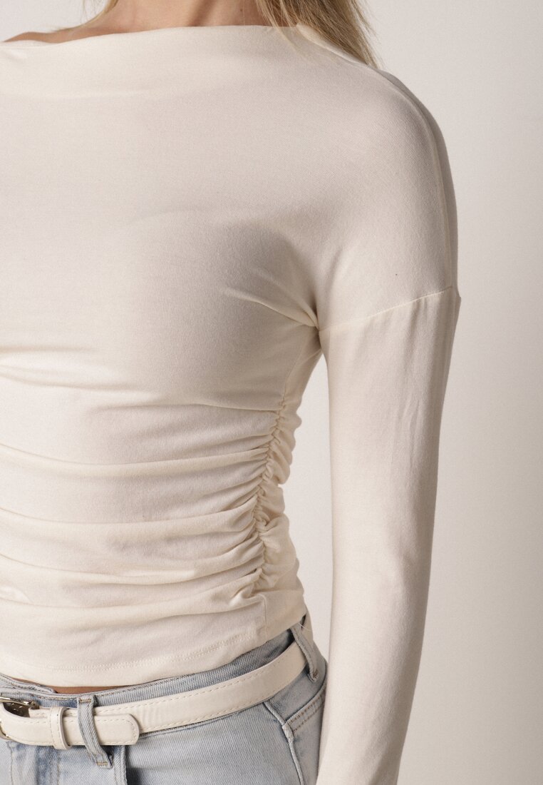 Beżowa Bluzka z Bawełną i Wiskozą  Ozdobiona Marszczeniem Alexareo