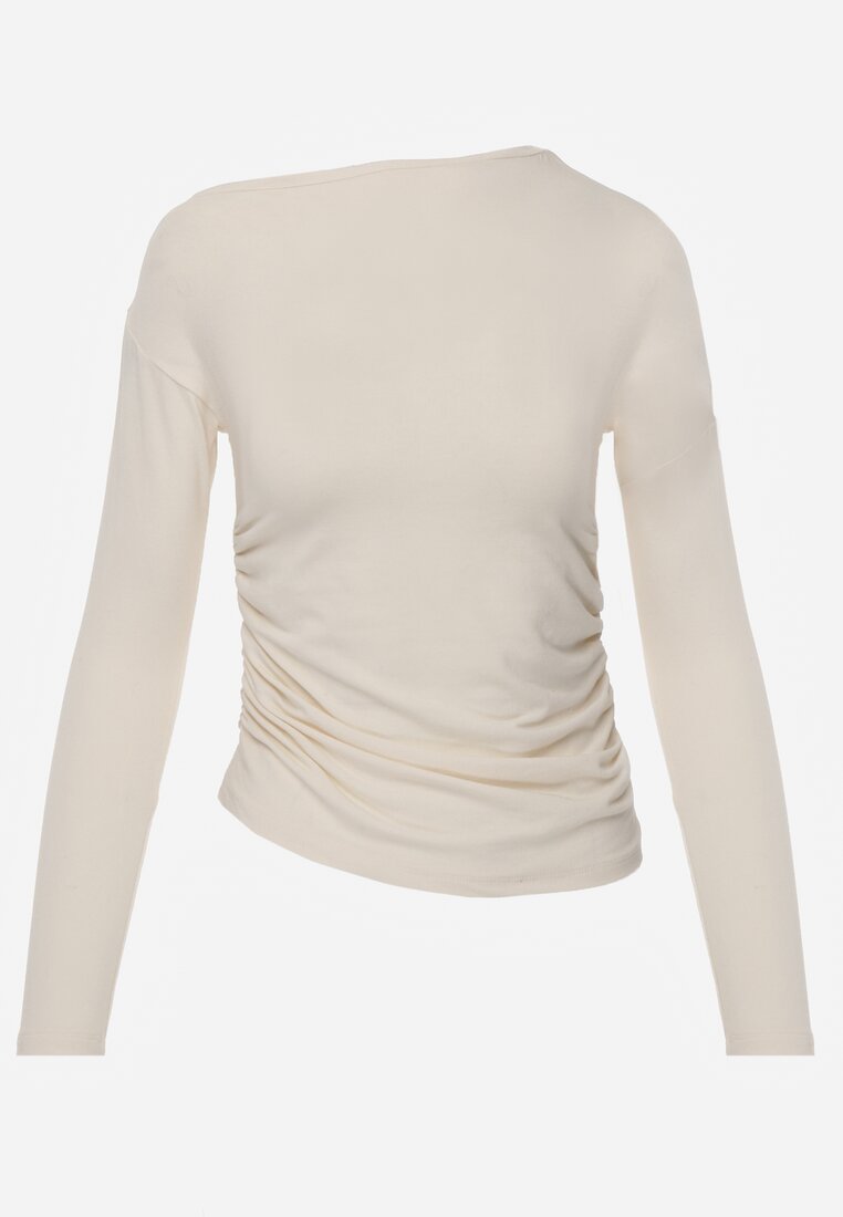 Beżowa Bluzka z Bawełną i Wiskozą  Ozdobiona Marszczeniem Alexareo