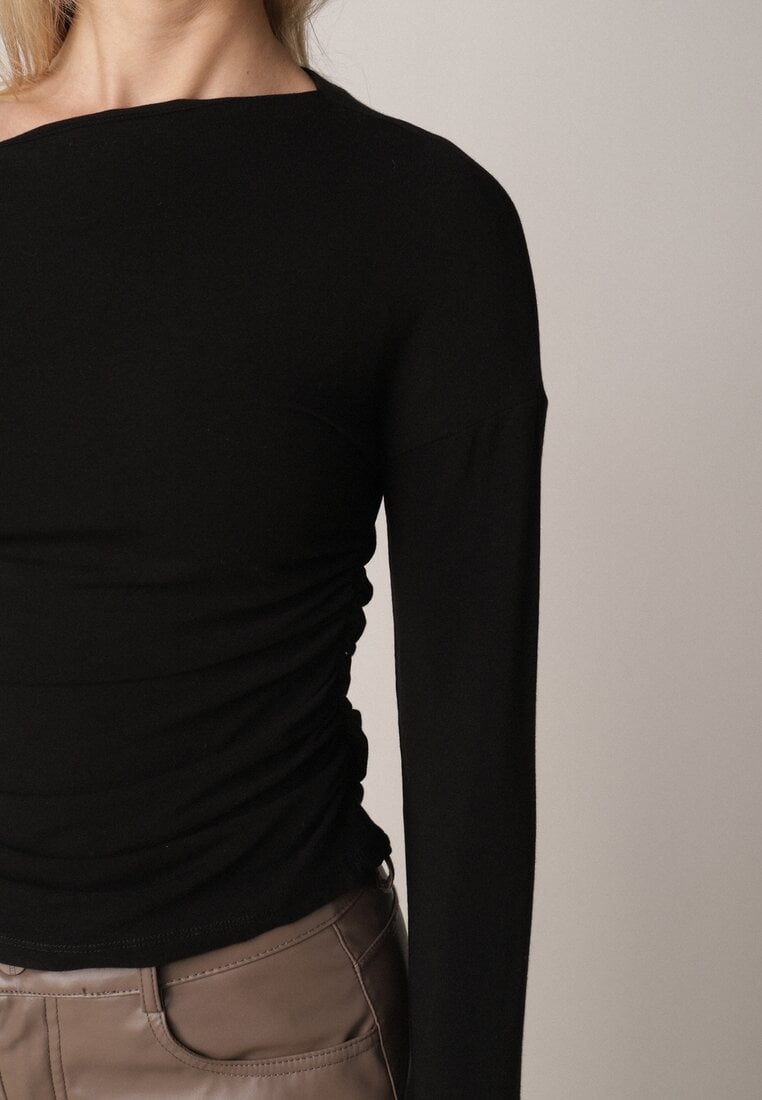 Czarna Bluzka z Bawełną i Wiskozą  Ozdobiona Marszczeniem Alexareo