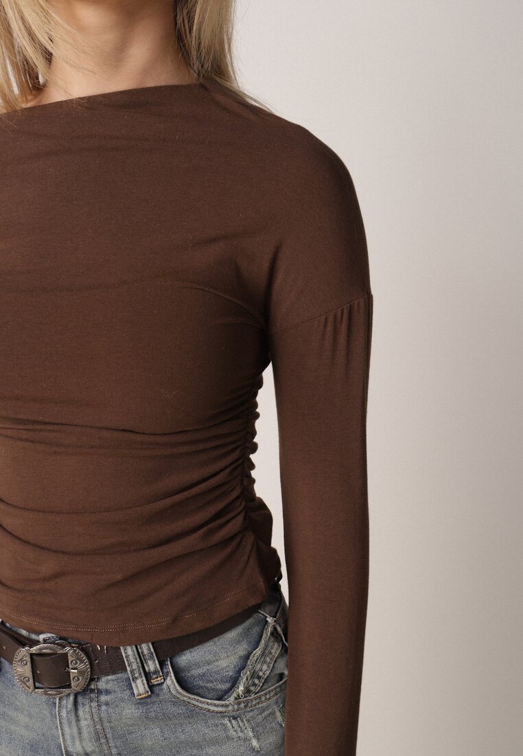 Brązowa Bluzka z Bawełną i Wiskozą  Ozdobiona Marszczeniem Alexareo