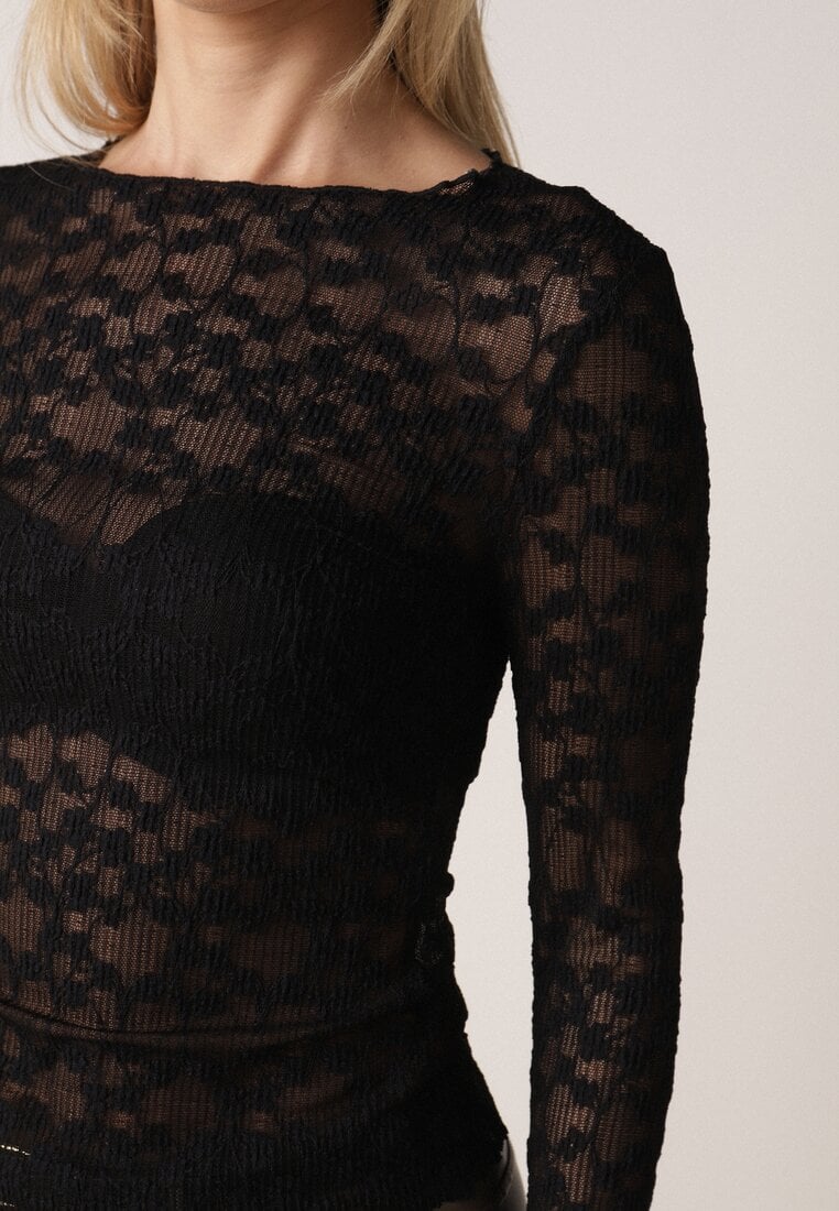 Czarna Bluzka Koronkowa z Transparentnego Materiału Hermatea
