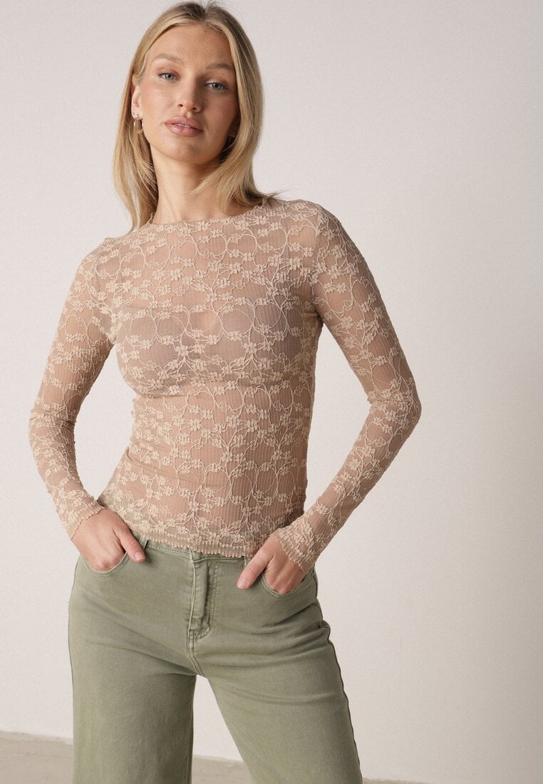 Beżowa Bluzka Koronkowa z Transparentnego Materiału Hermatea