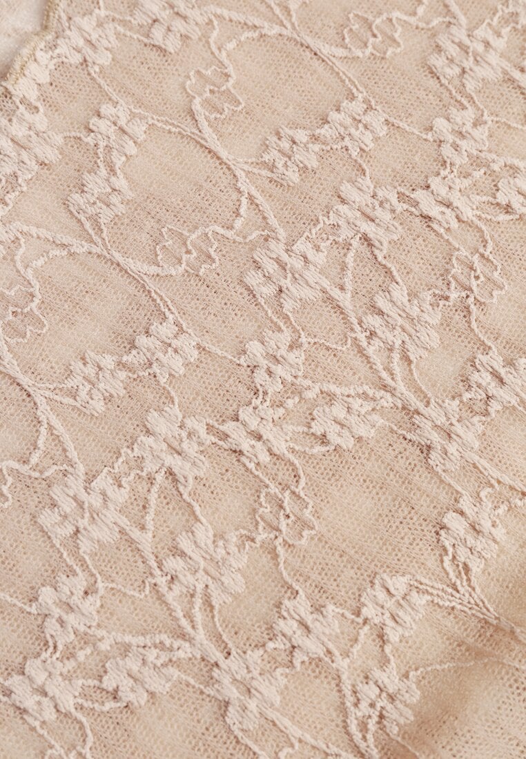 Beżowa Bluzka Koronkowa z Transparentnego Materiału Hermatea