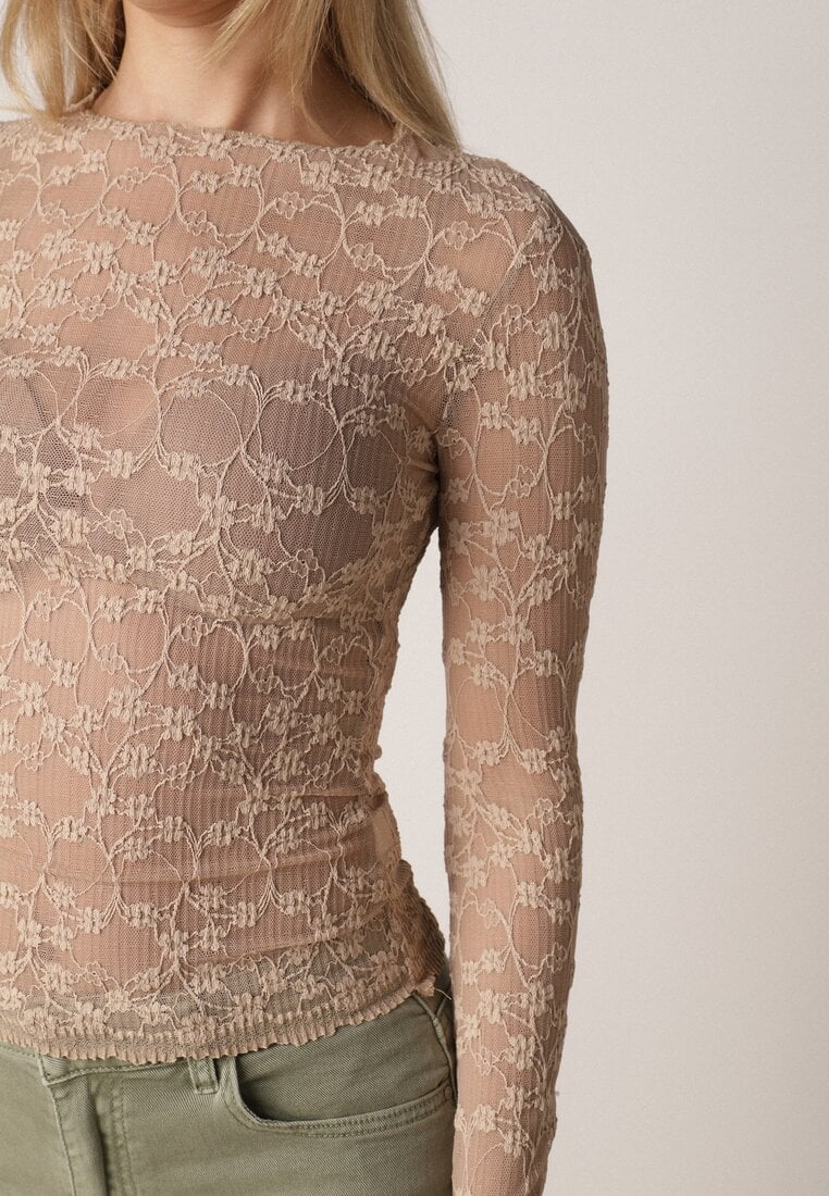 Beżowa Bluzka Koronkowa z Transparentnego Materiału Hermatea