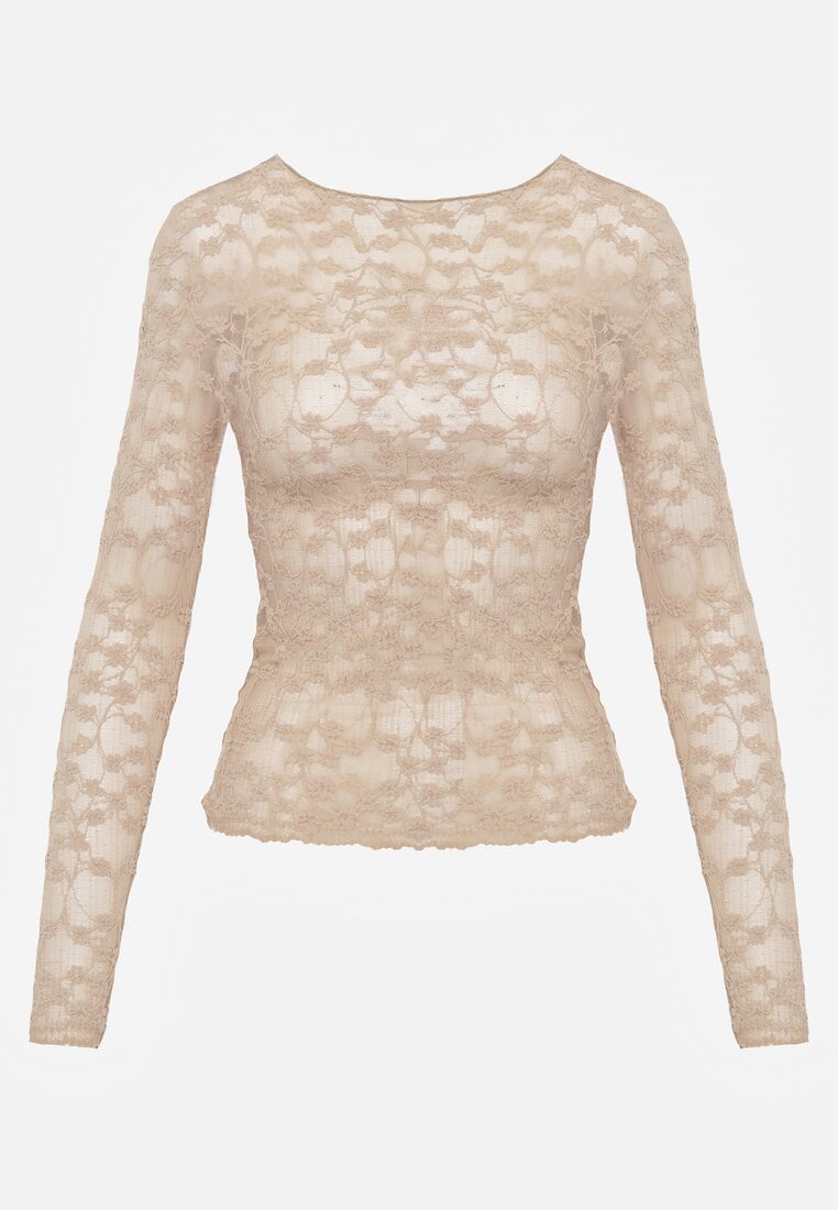 Beżowa Bluzka Koronkowa z Transparentnego Materiału Hermatea