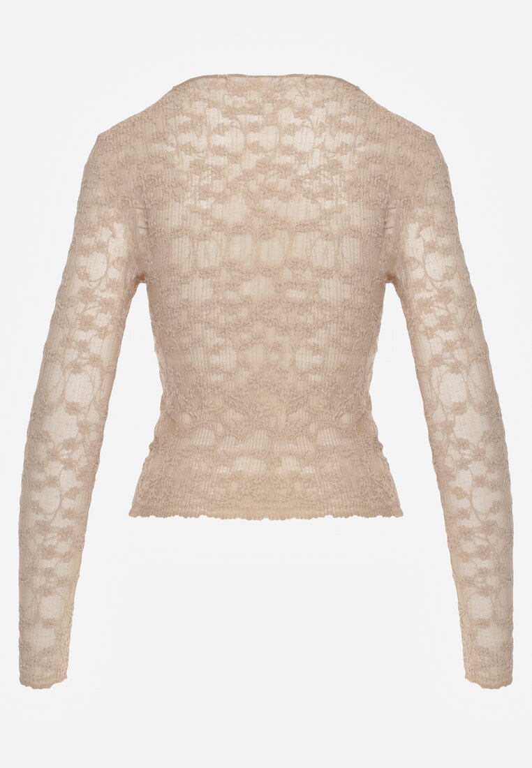 Beżowa Bluzka Koronkowa z Transparentnego Materiału Hermatea