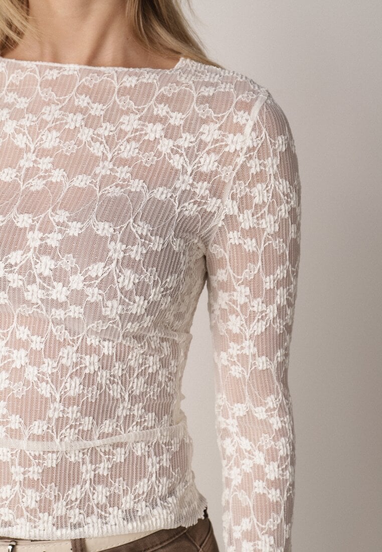 Beżowy Bluzka Koronkowa z Transparentnego Materiału Hermatea