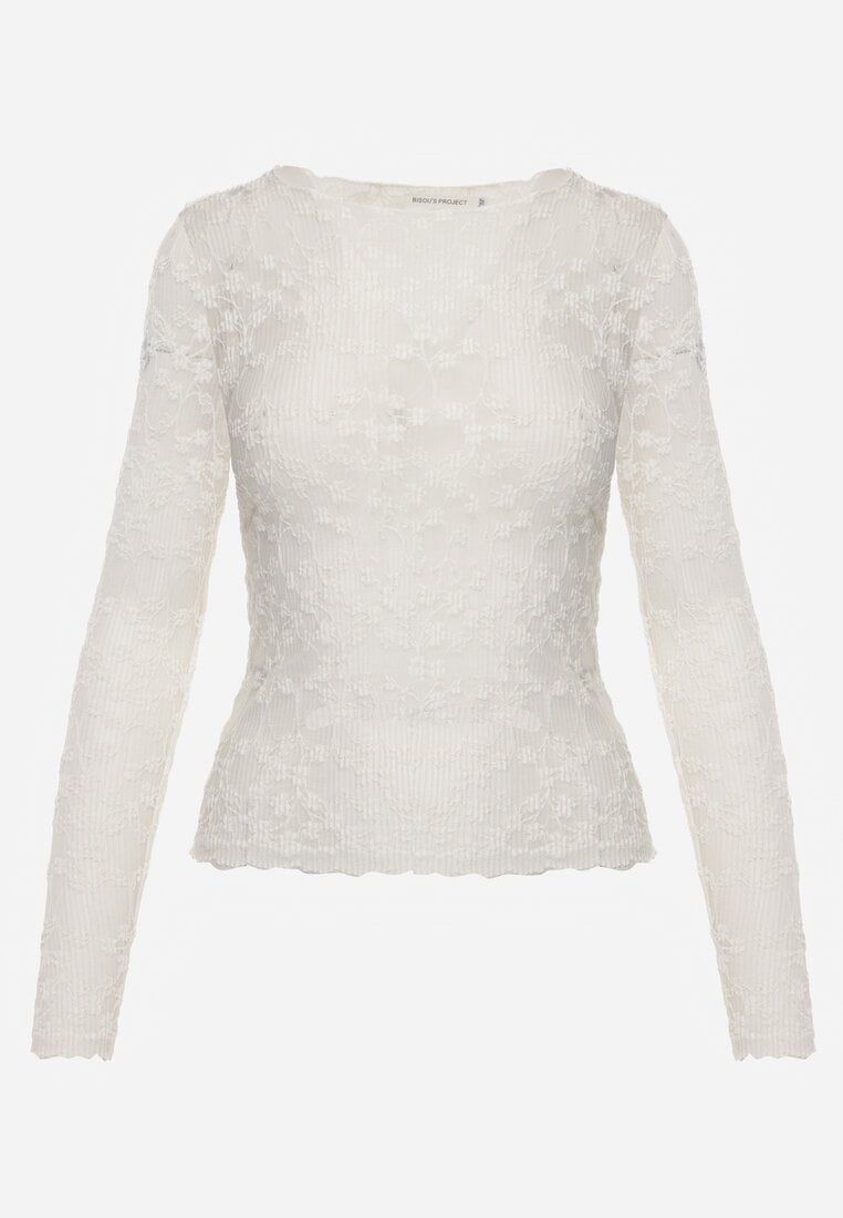 Beżowy Bluzka Koronkowa z Transparentnego Materiału Hermatea