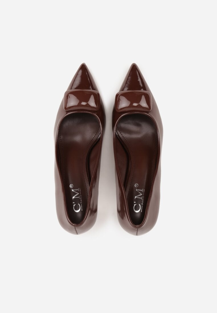Brązowe Lakierowane Czółenka na Szpilce z Ozdobą Aroanoire