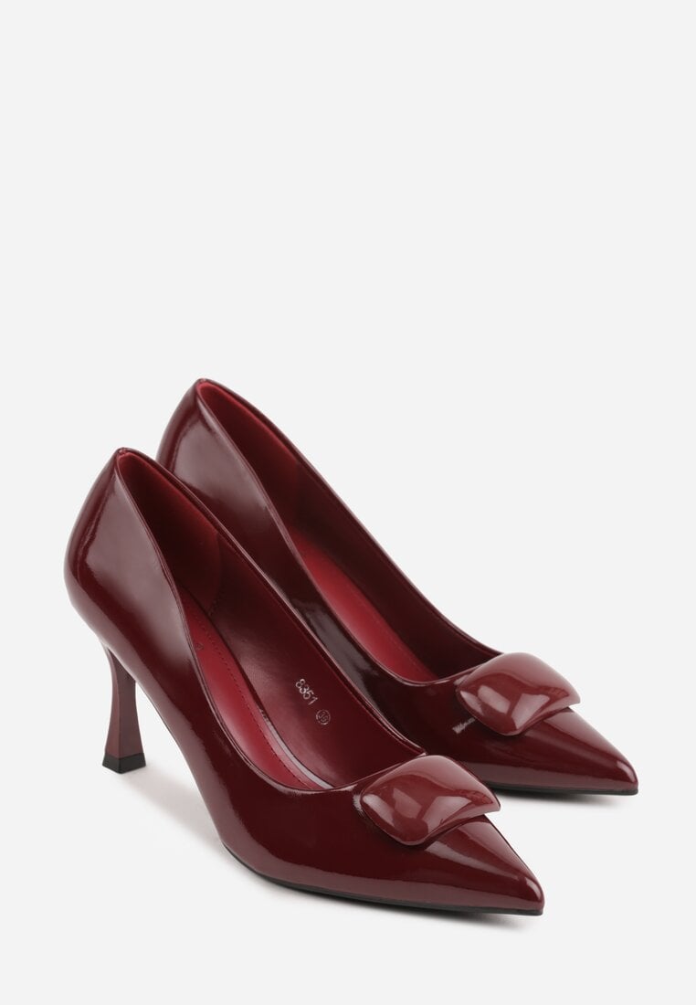 Bordowe Lakierowane Czółenka na Szpilce z Ozdobą Aroanoire