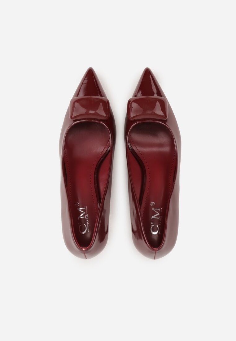 Bordowe Lakierowane Czółenka na Szpilce z Ozdobą Aroanoire