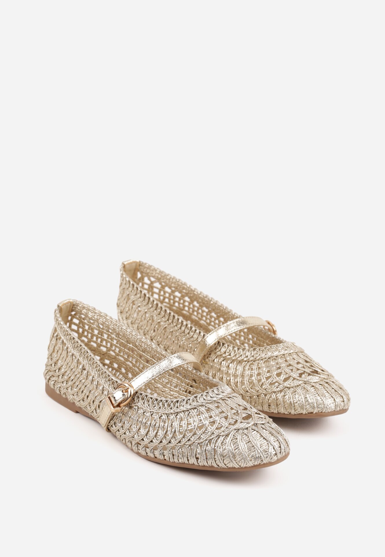 Złote Szydełkowe Balerinki z Paskiem z Klamerką Uroinne