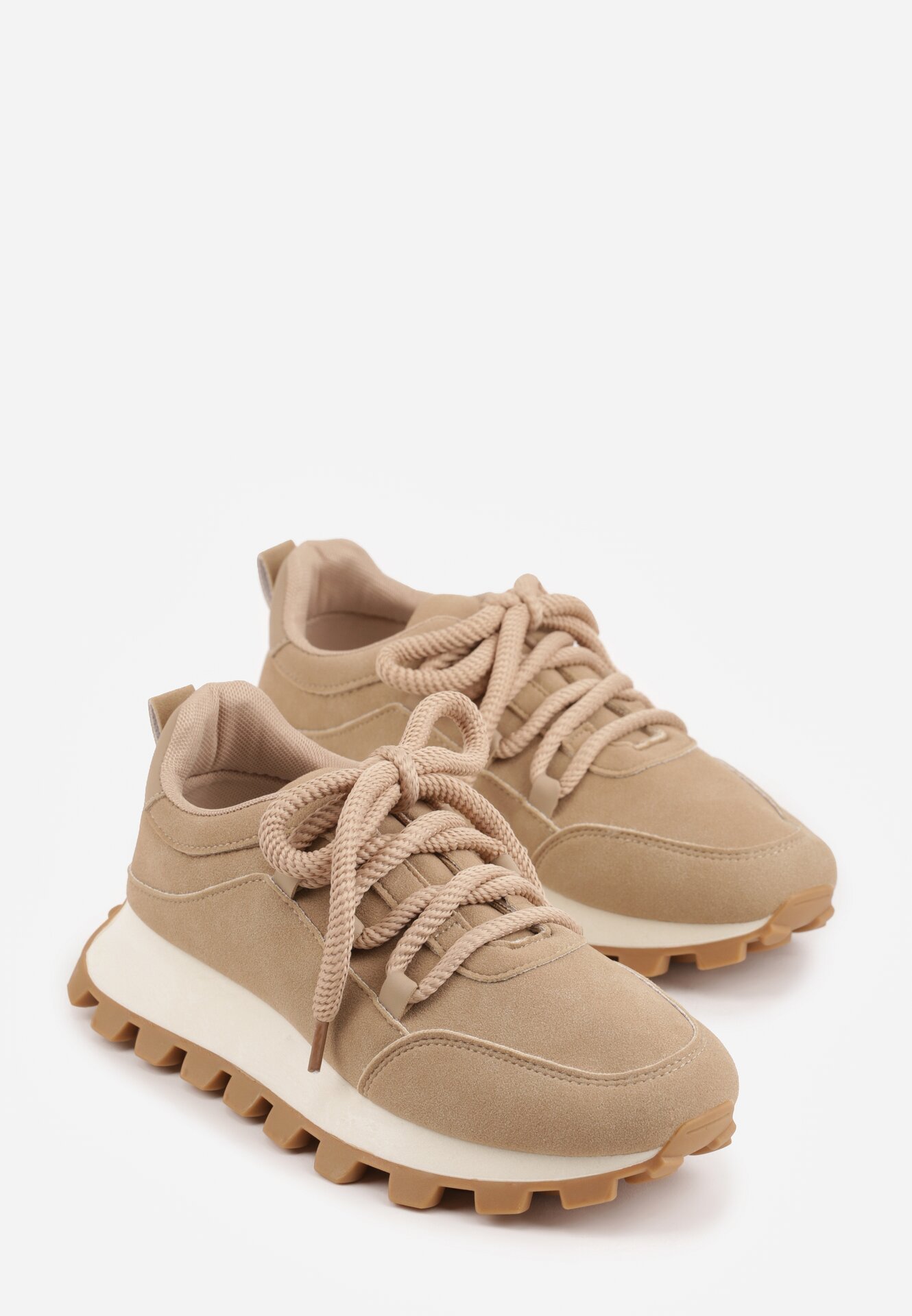 Ciemnobeżowe Sneakersy na Grubej Tłoczonej Podeszwie Zerda