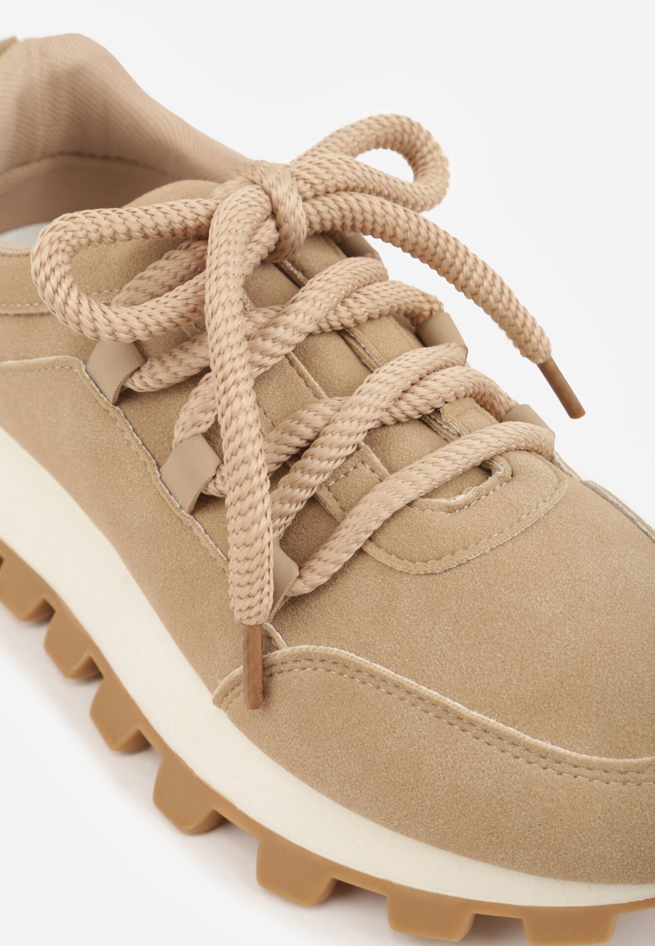 Ciemnobeżowe Sneakersy na Grubej Tłoczonej Podeszwie Zerda