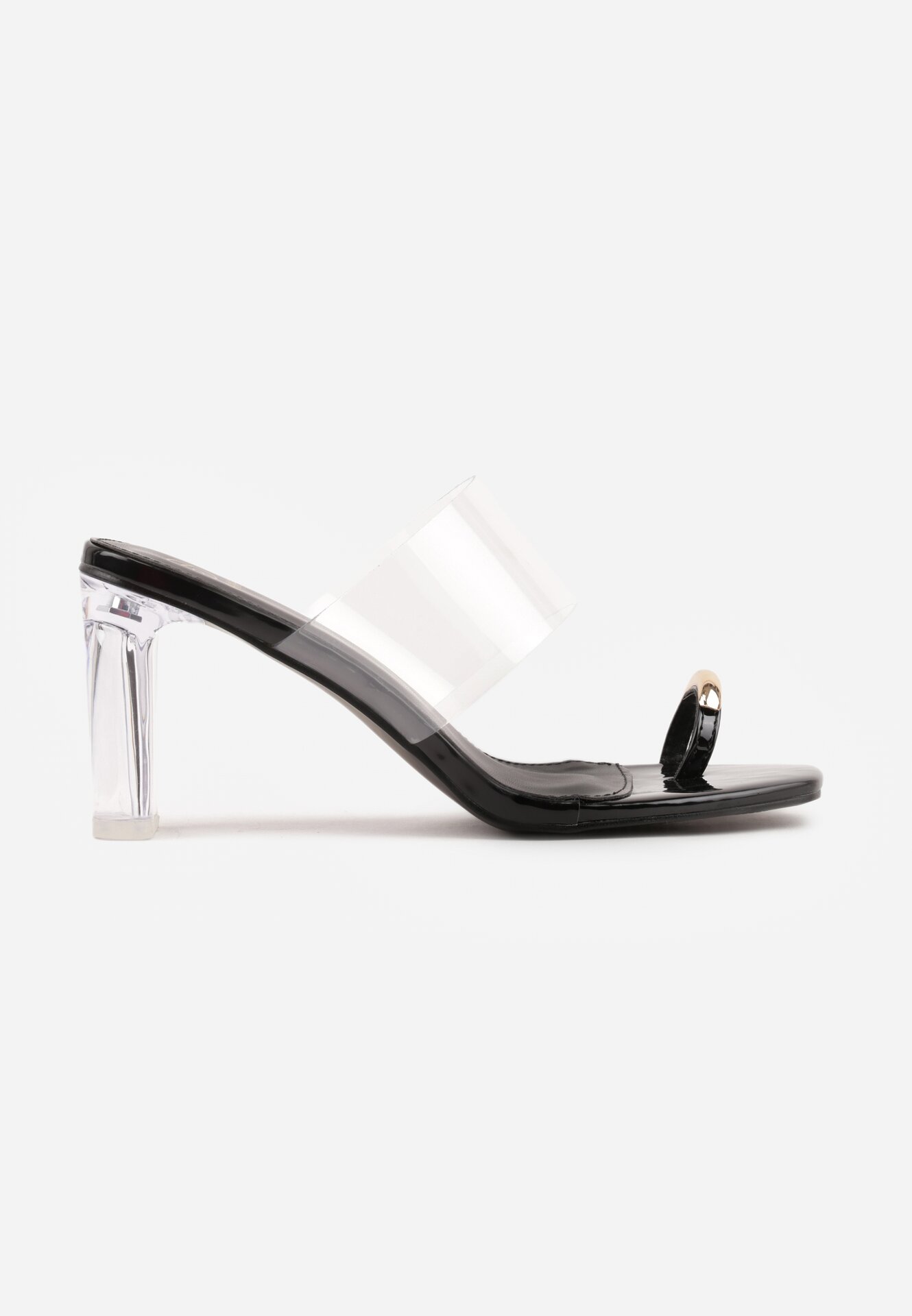 Czarne Klapki na Słupku z Transparentnym Paskiem i Obcasem Ryrnell