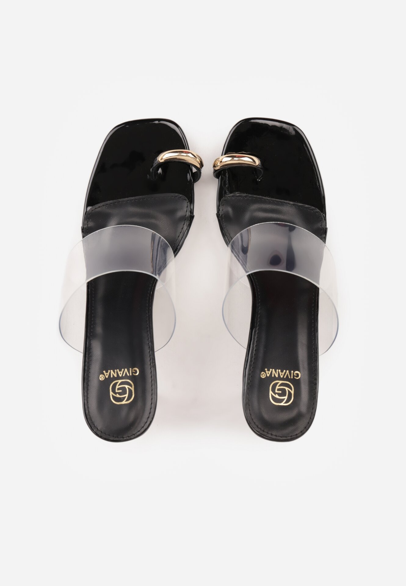 Czarne Klapki na Słupku z Transparentnym Paskiem i Obcasem Ryrnell