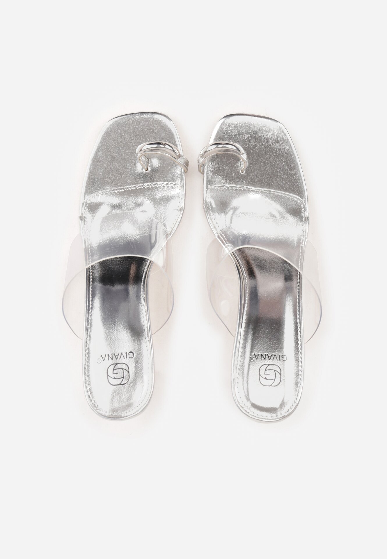 Srebrne Klapki na Słupku z Transparentnym Paskiem i Obcasem Ryrnell