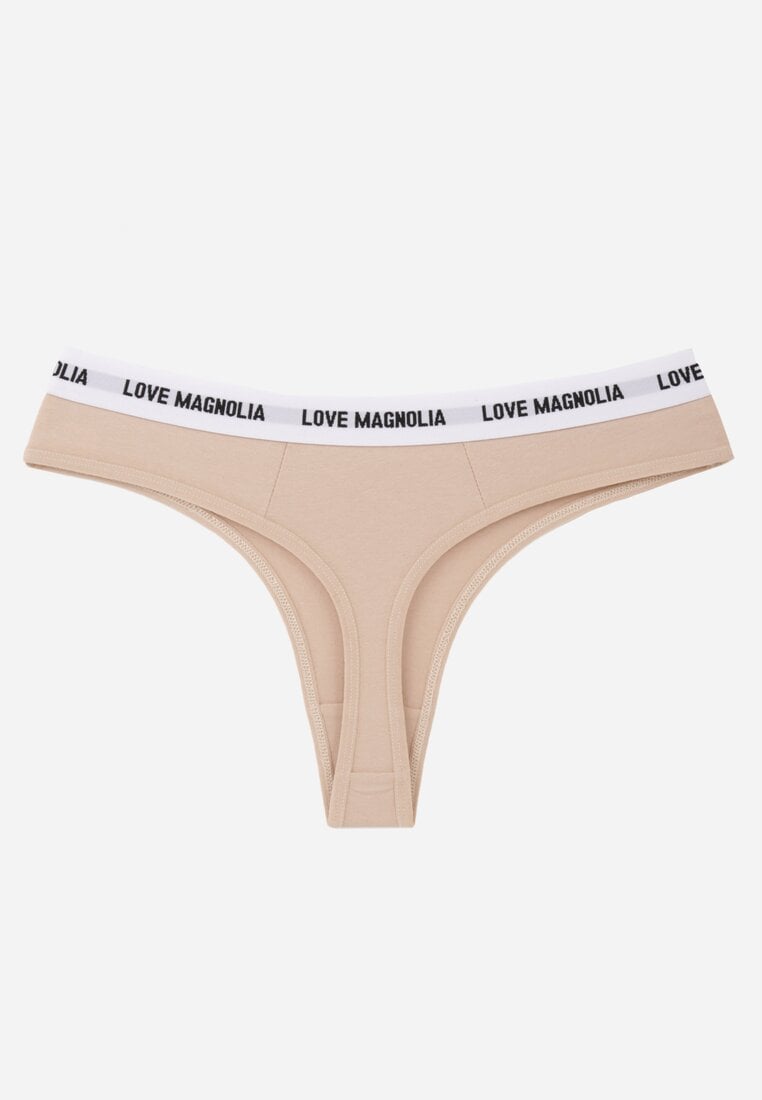 Beżowe Majtki Typu Stringi z Bawełną i Napisami Veza