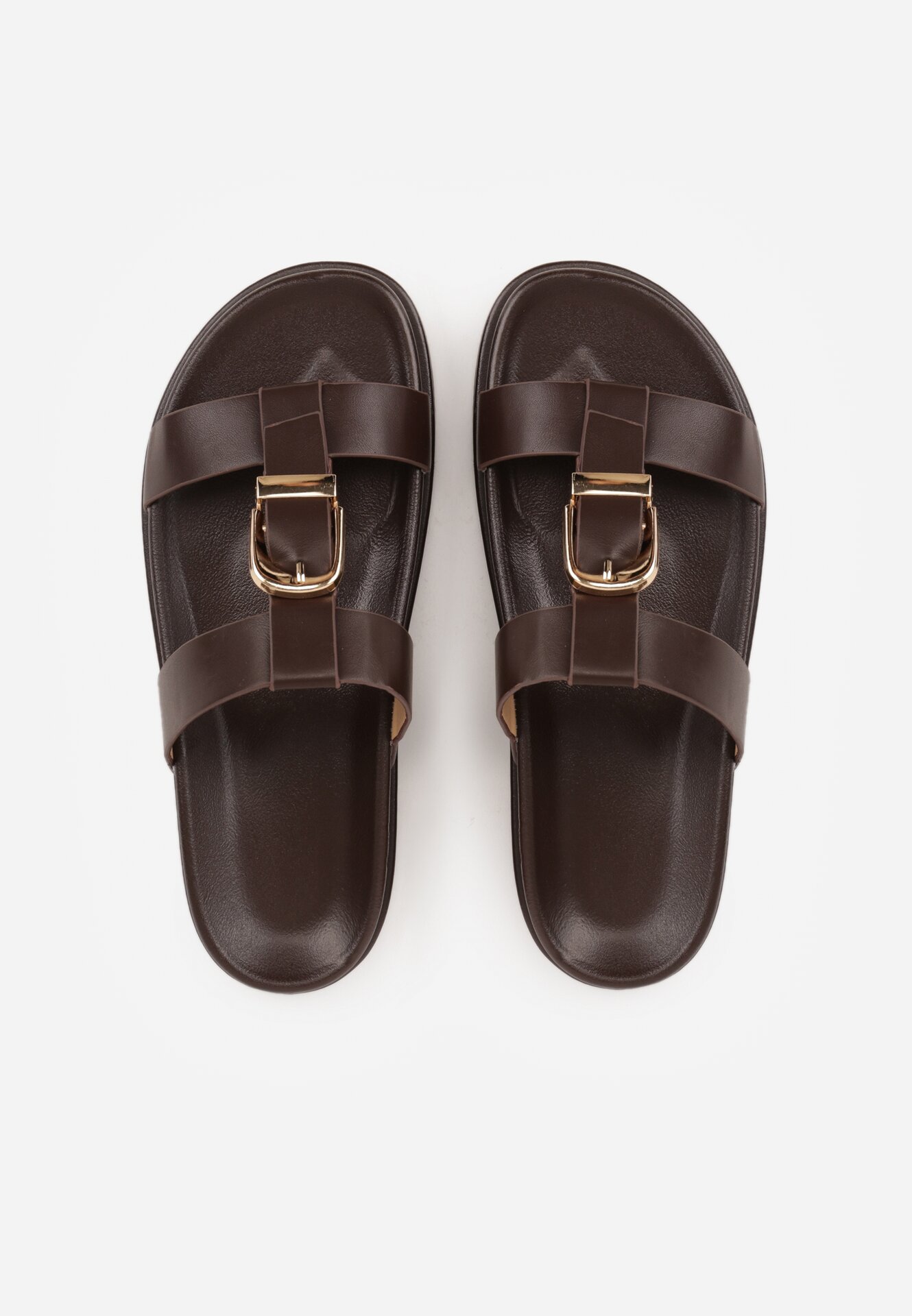 Ciemnobrązowe Klapki z Ozdobną Klamrą i Paskiem Kaidine