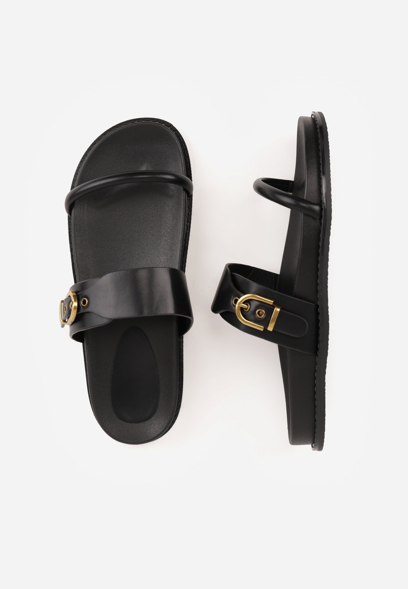 Czarne Klapki z Dwoma Paskami i Metaliczną Klamrą Doriax