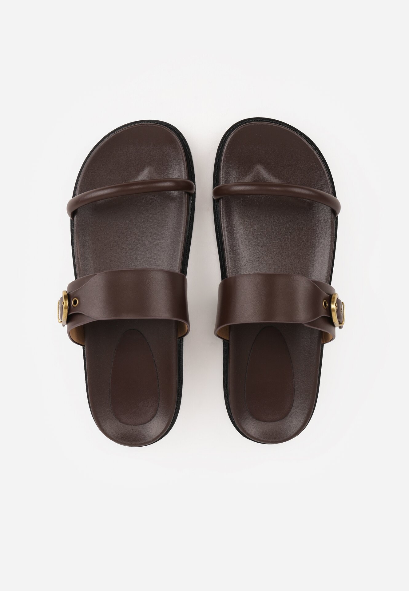 Ciemnobrązowe Klapki z Dwoma Paskami i Metaliczną Klamrą Doriax