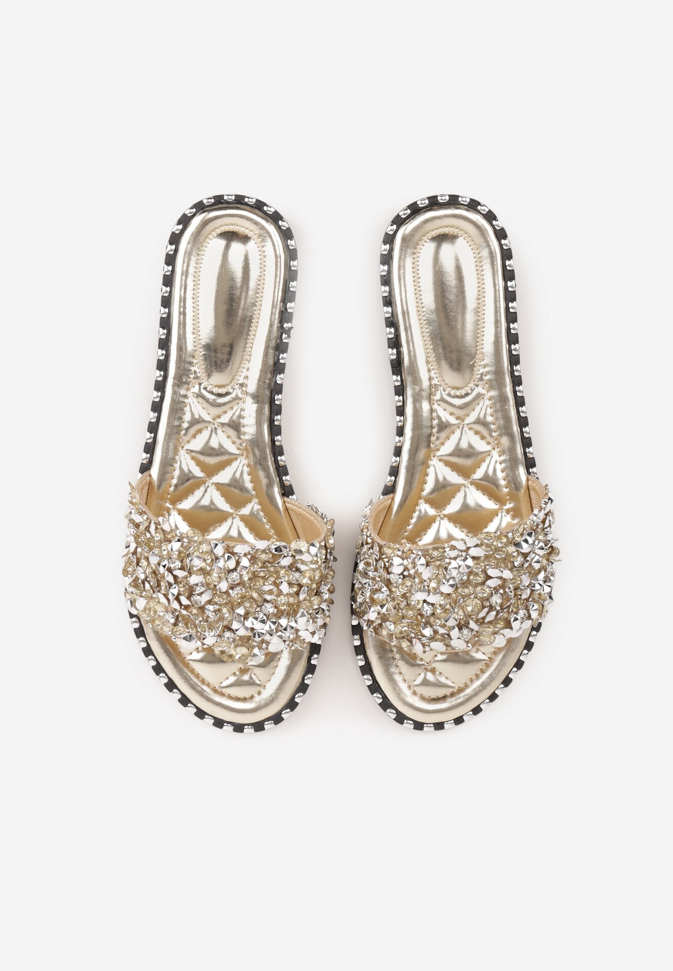 Złote Eleganckie Klapki z Biżuteryjnymi Aplikacjami Erannia