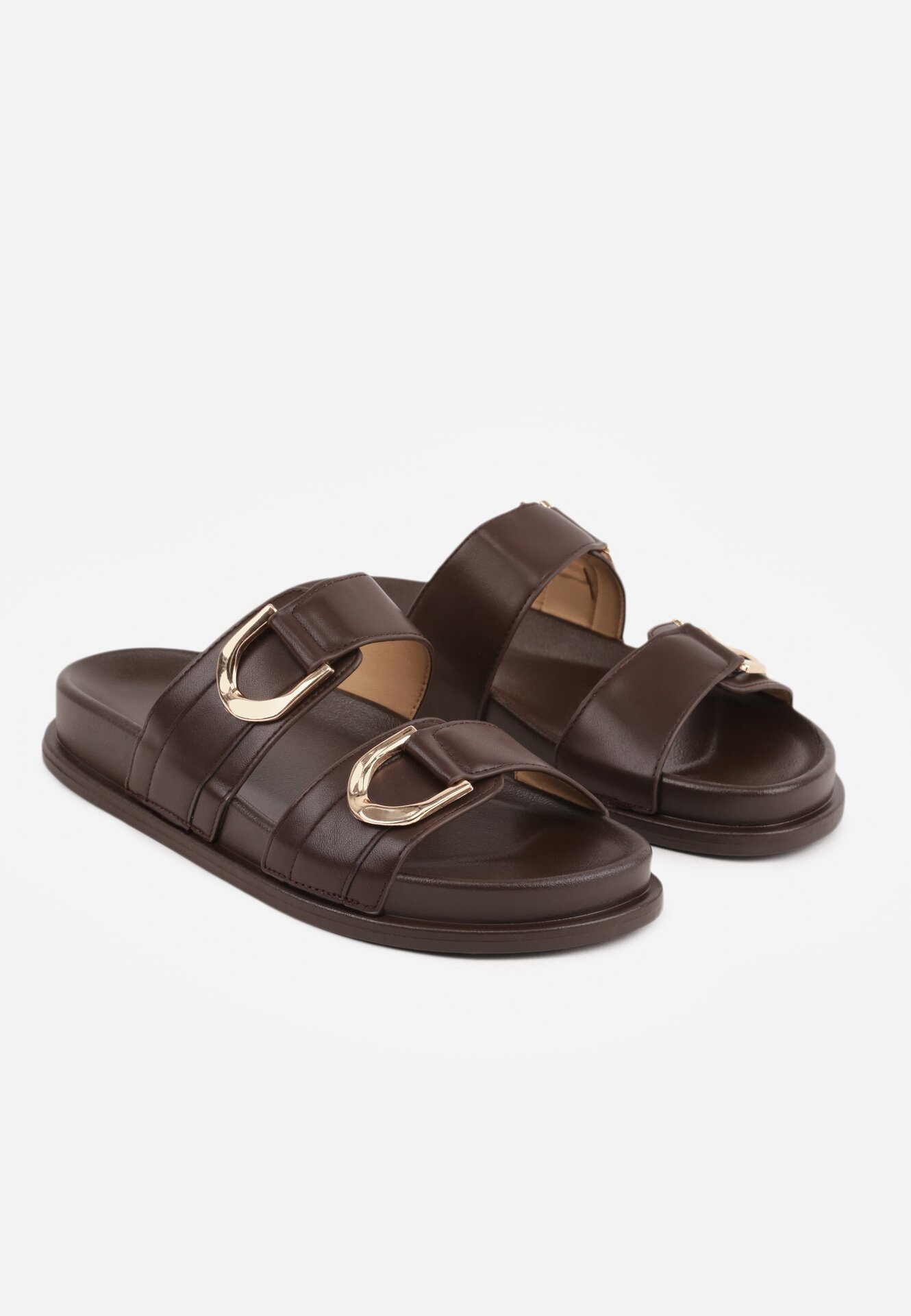 Ciemnobrązowe Klapki Ozdobione Dwoma Klamrami Sthosaildy