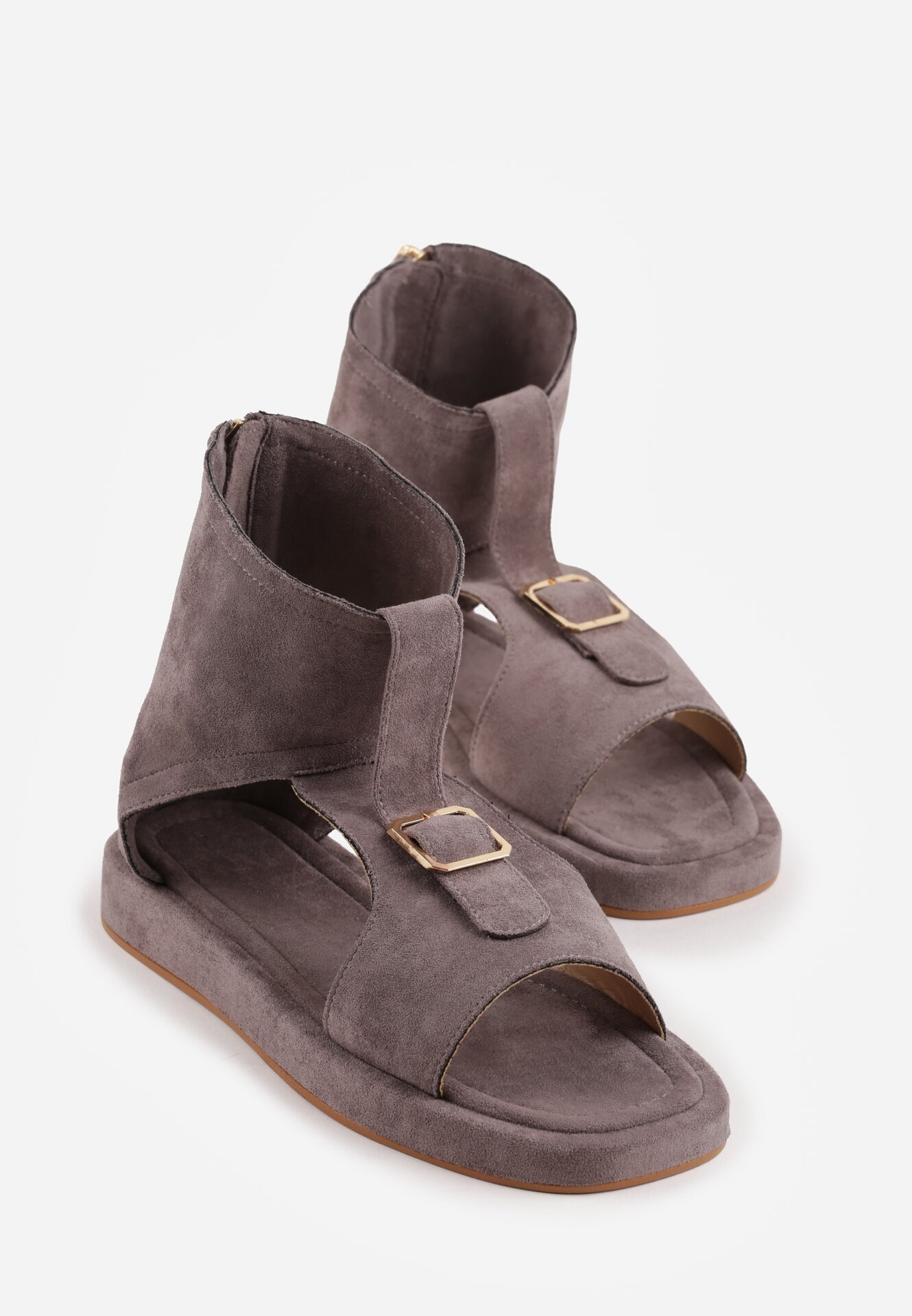 Szare Sandały w Stylu Botków z Ozdobną Klamrą Theaneasi