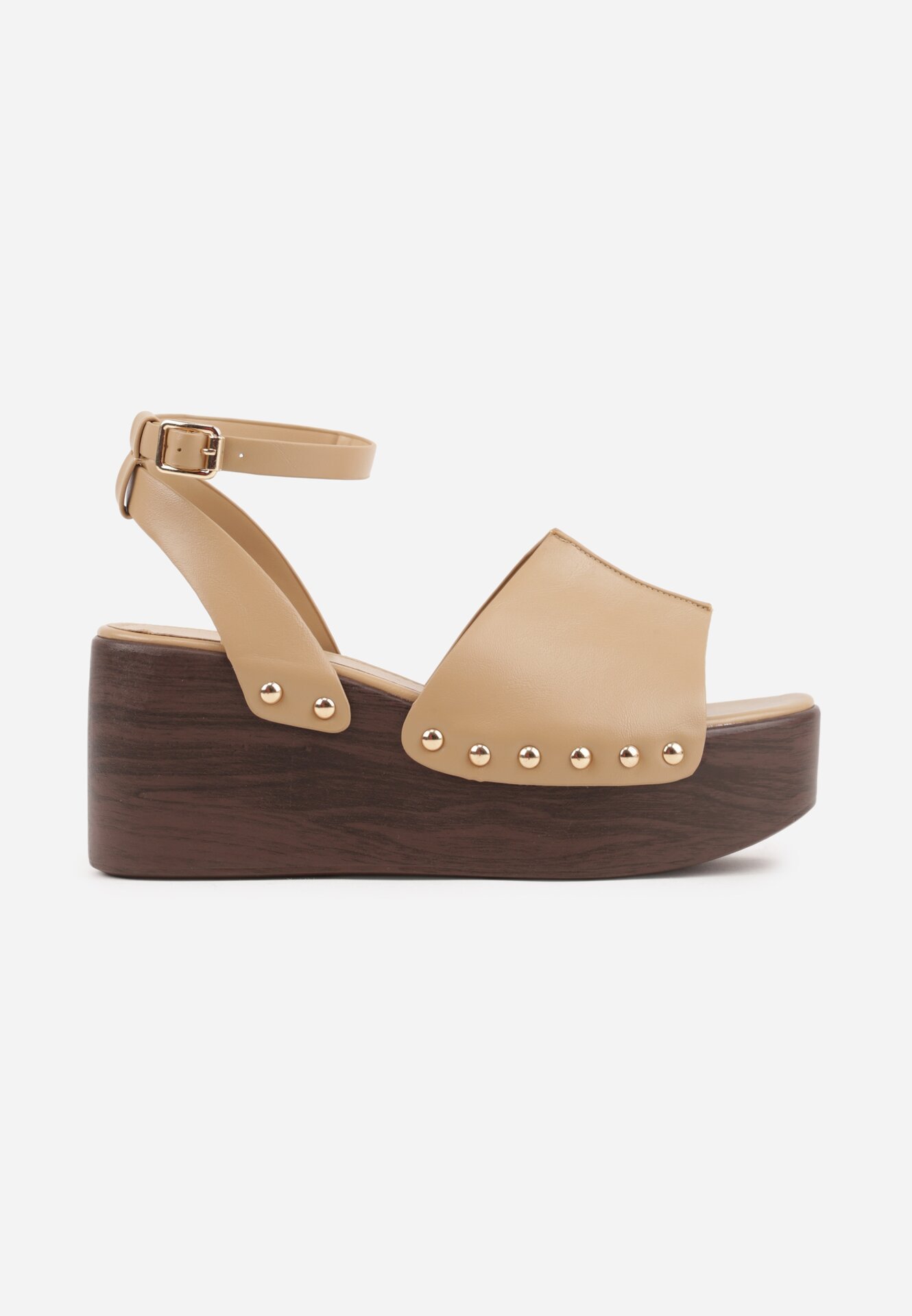 Ciemnobeżowe Sandały na Koturnie i Platformie Ozdobione Nitami Rhethe