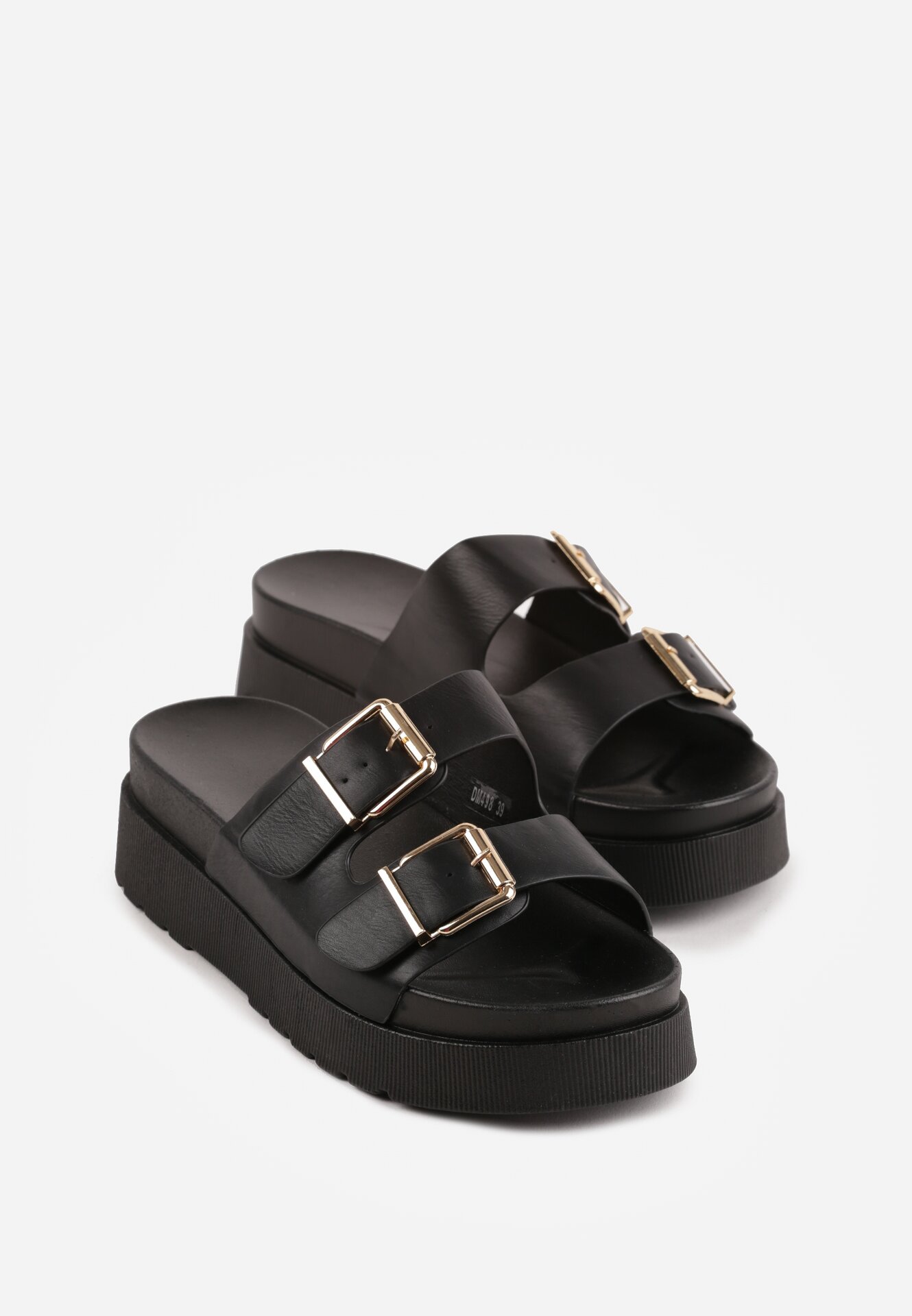 Czarne Klapki na Grubej Podeszwie z Dwoma Klamrami Xenienne