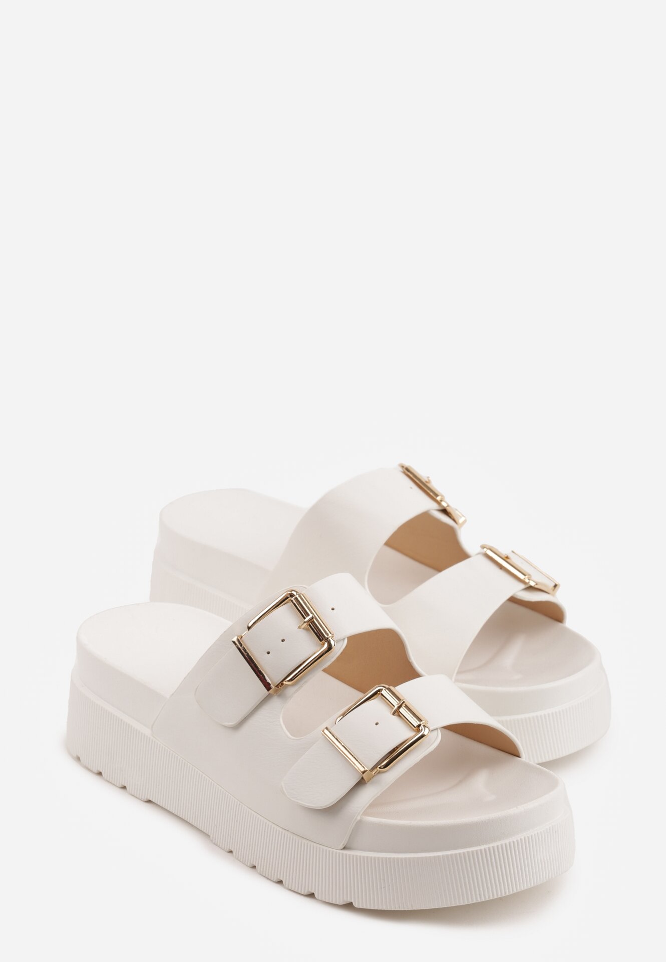 Białe Klapki na Grubej Podeszwie z Dwoma Klamrami Xenienne