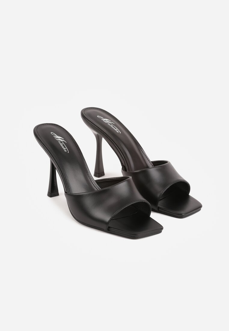 Czarne Klapki na Szpilce z Kwadratowym Noskiem Mellota