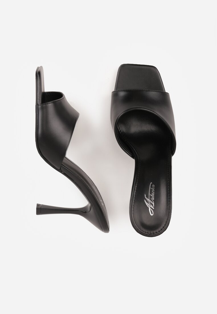 Czarne Klapki na Szpilce z Kwadratowym Noskiem Mellota