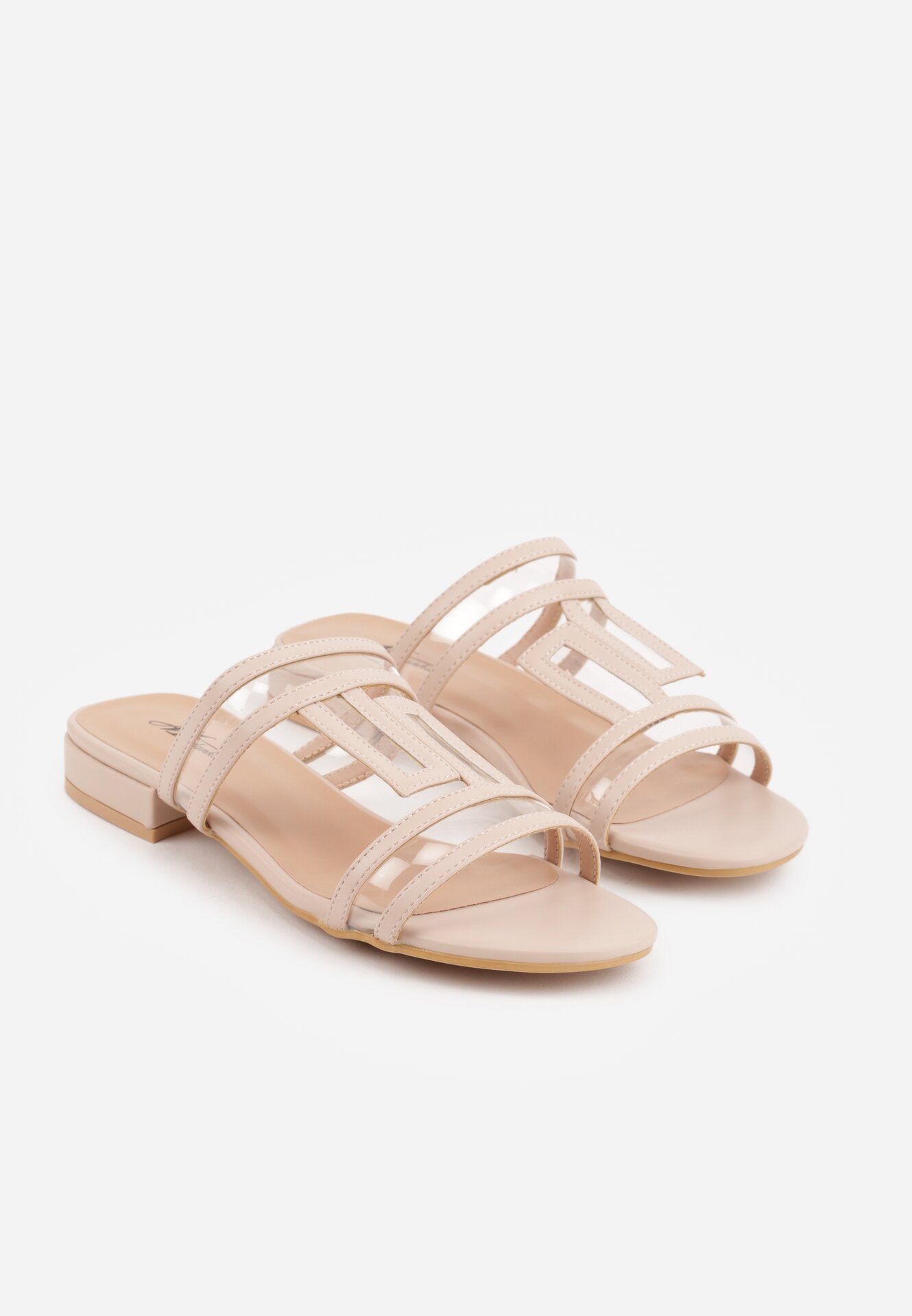 Beżowe Klapki z Geometrycznymi Paskami Adriameda