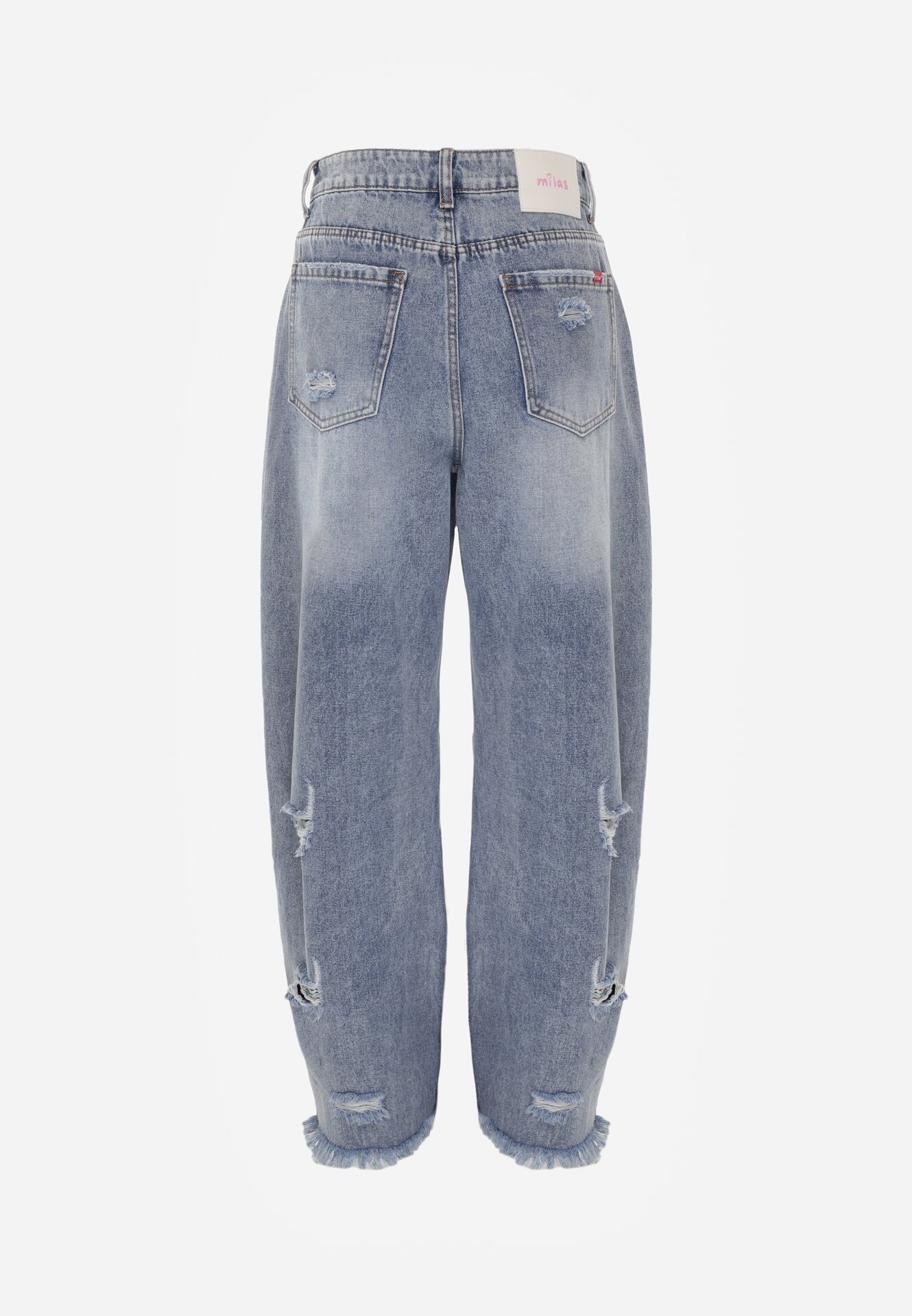 Niebieskie Bawełniane Jeansy Balloon z Wysokim Stanem i z Prztarciami Dziurami Typhaea