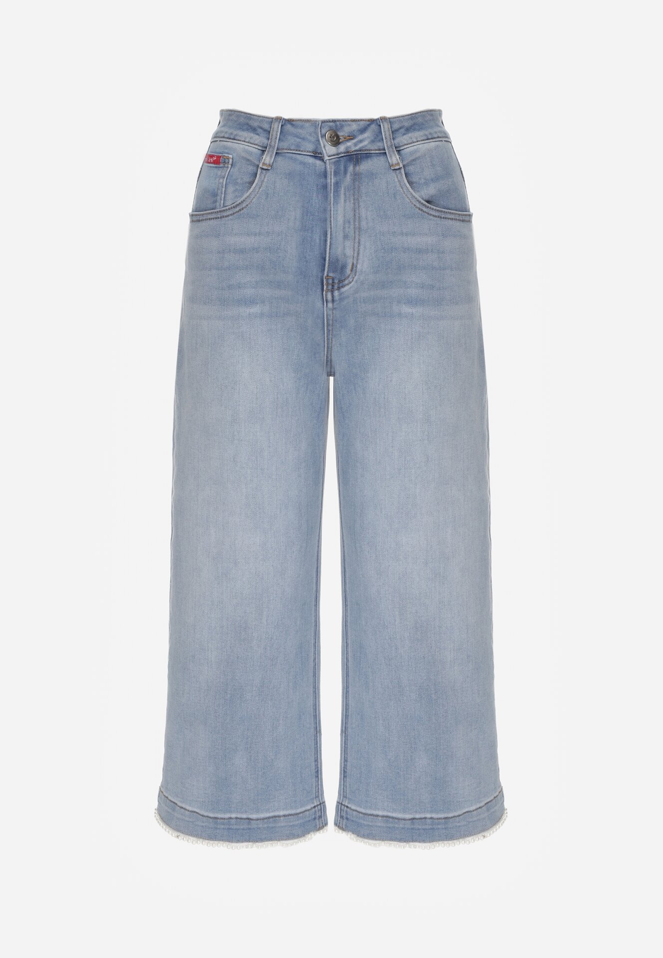 Niebieskie Jeansy Kuloty z Bawełną o Szerokim Kroju z Wysokim Stanem i Perełkami Kharope