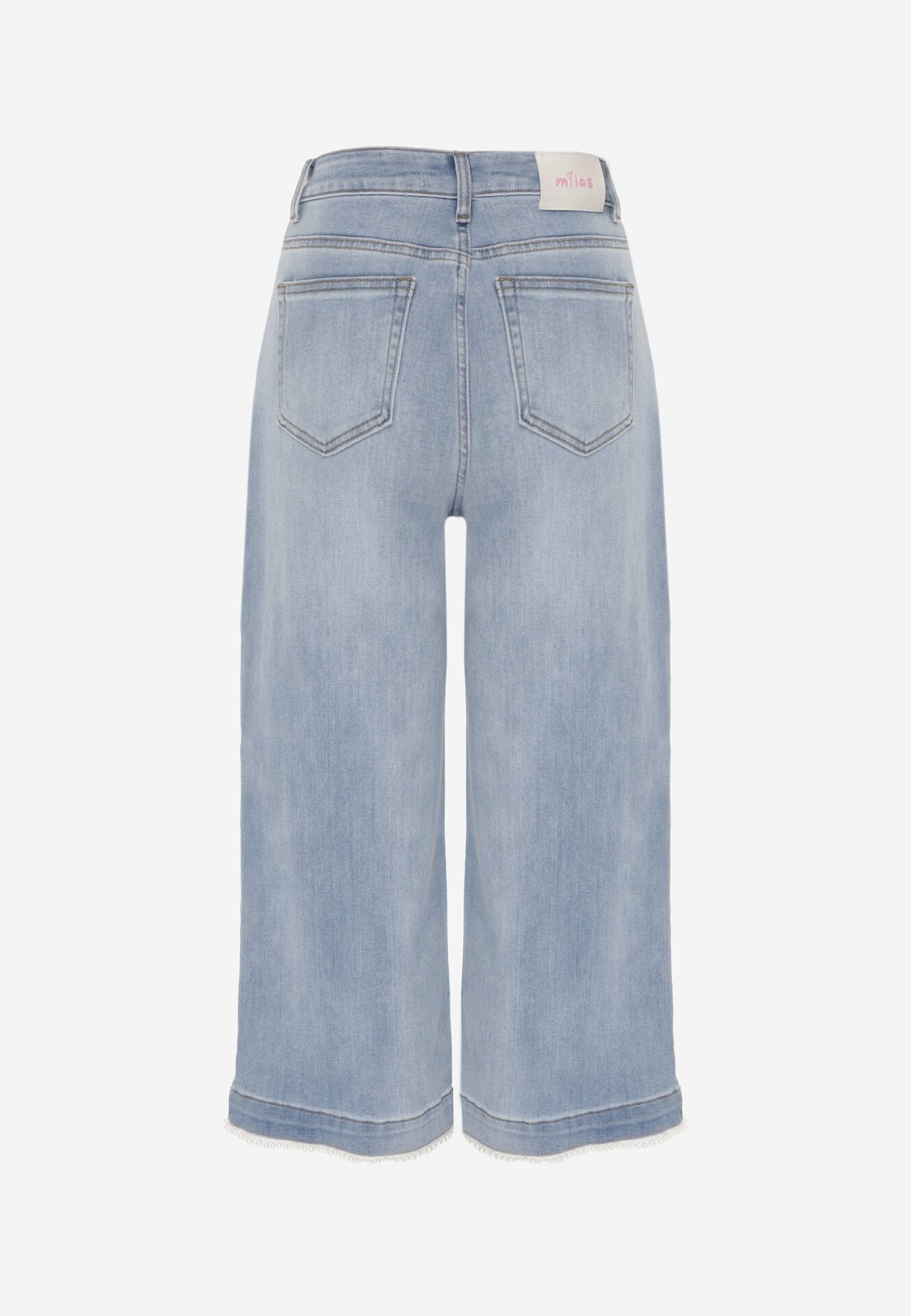 Niebieskie Jeansy Kuloty z Bawełną o Szerokim Kroju z Wysokim Stanem i Perełkami Kharope