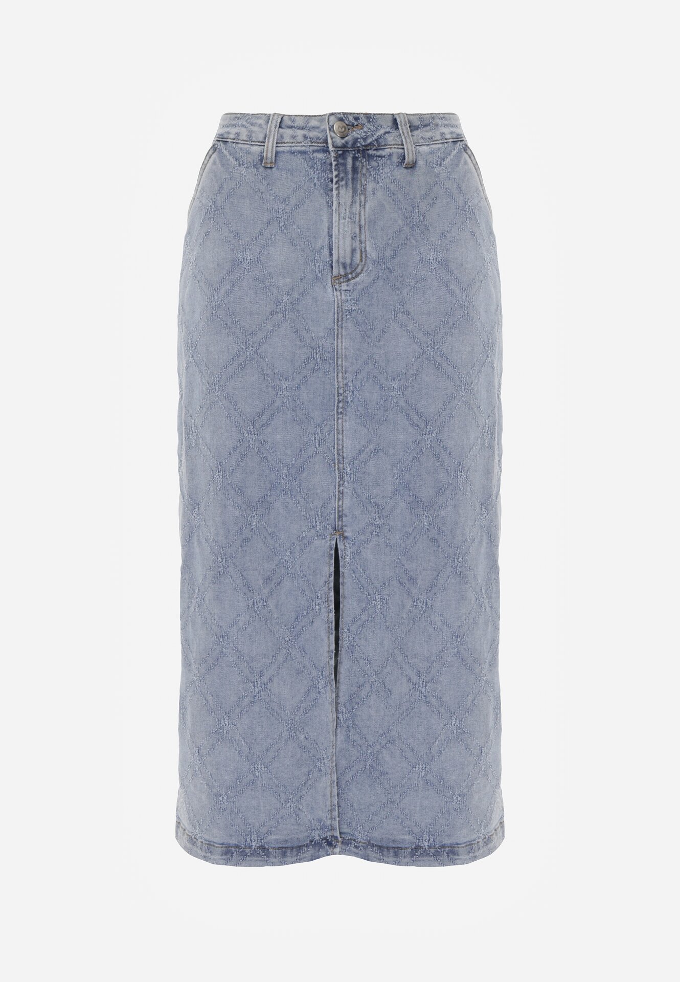 Niebieska Bawełniana Spódnica Jeansowa w Romby z Rozcięciem z Przodu Arissbeth