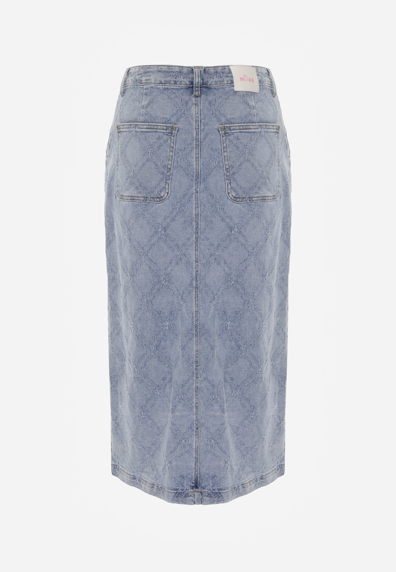 Niebieska Bawełniana Spódnica Jeansowa w Romby z Rozcięciem z Przodu Arissbeth