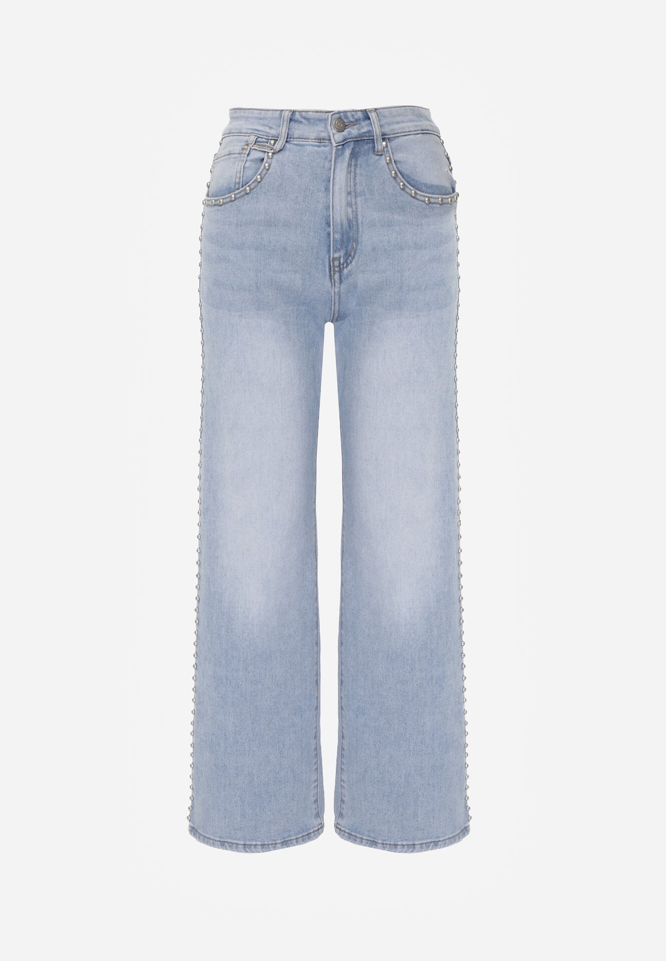 Niebieskie Szerokie Jeansy Wysoki Stan z Bawełną Ozdobione Nitami Basithoe