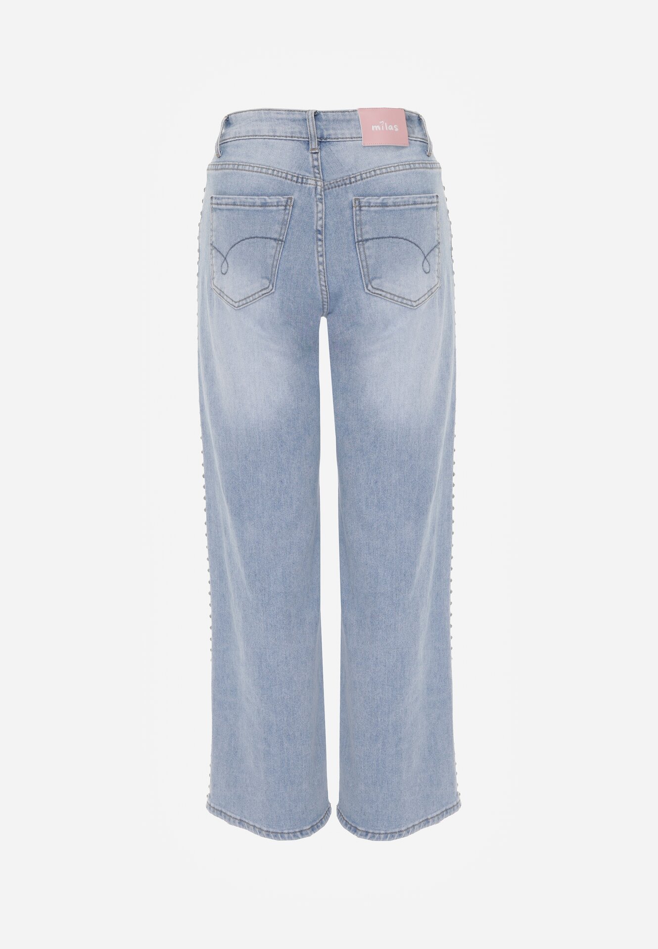 Niebieskie Szerokie Jeansy Wysoki Stan z Bawełną Ozdobione Nitami Basithoe