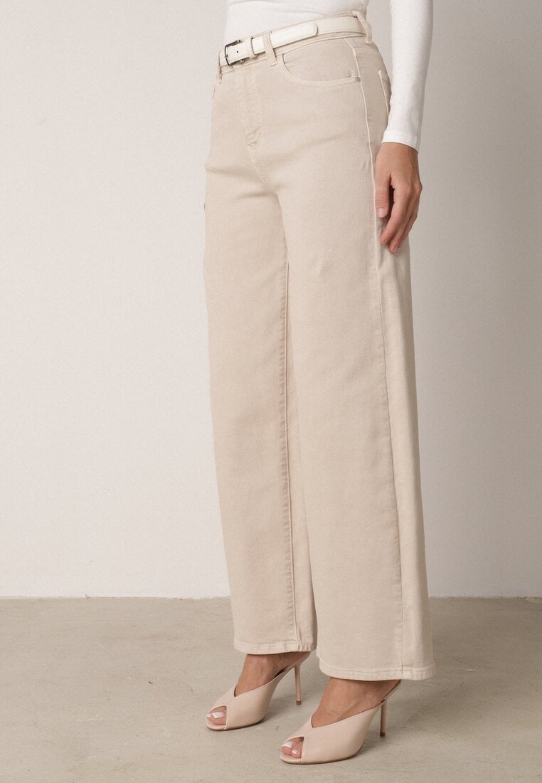 Beżowe Bawełniane Jeansy Szerokie z Wysokim Stanem Wylinnys