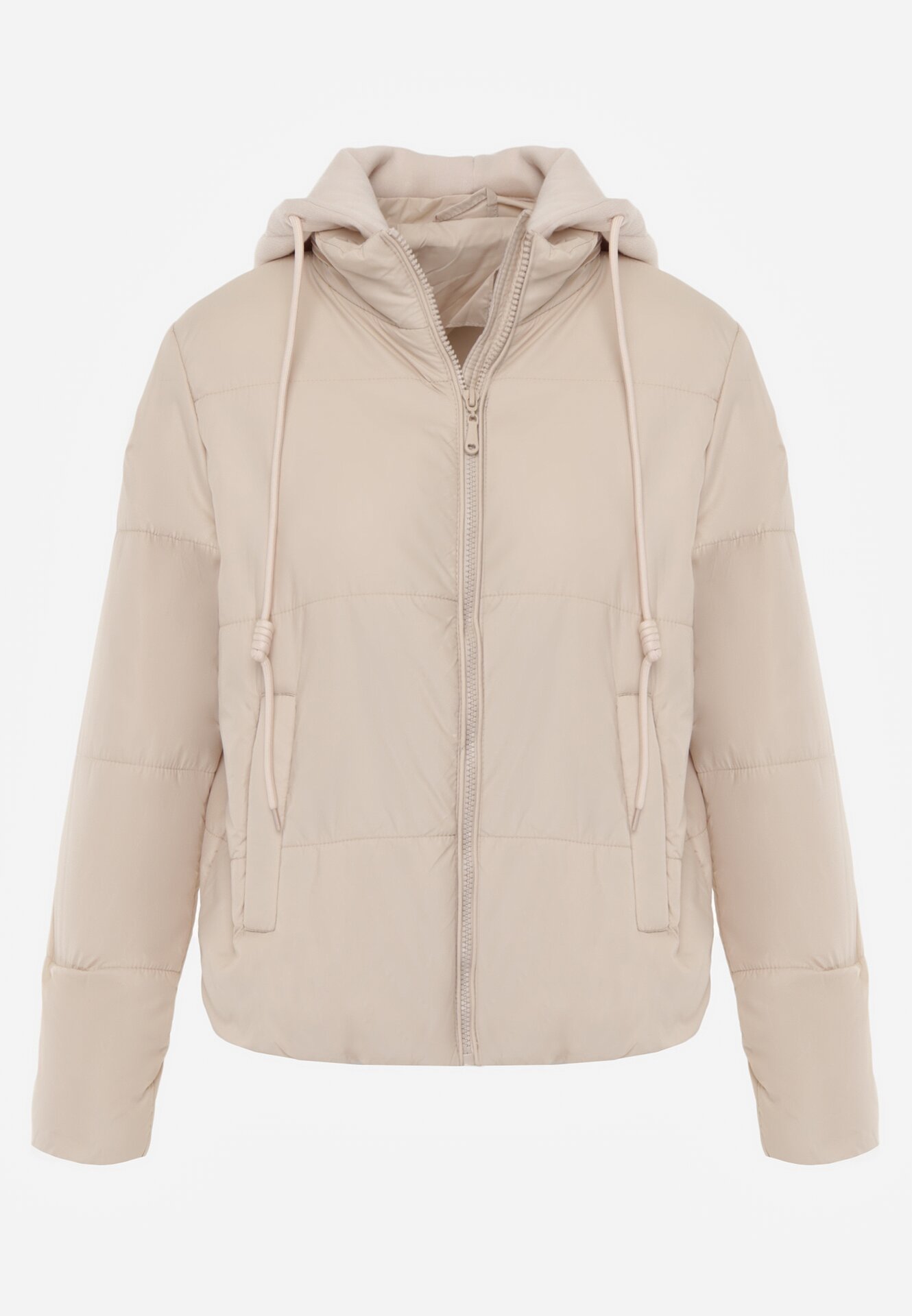 Ciemnobeżowa Kurtka Pikowana z Materiałowym Kapturem Odpinanym Jasilea