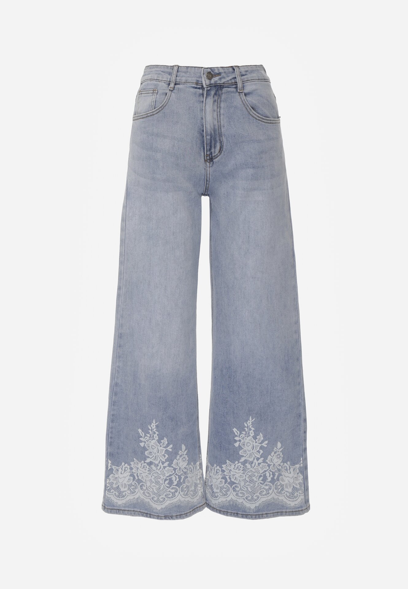 Niebieskie Szerokie Jeansy z Ozdobnym Boho Nadrukiem na Nogawkach Asoochis