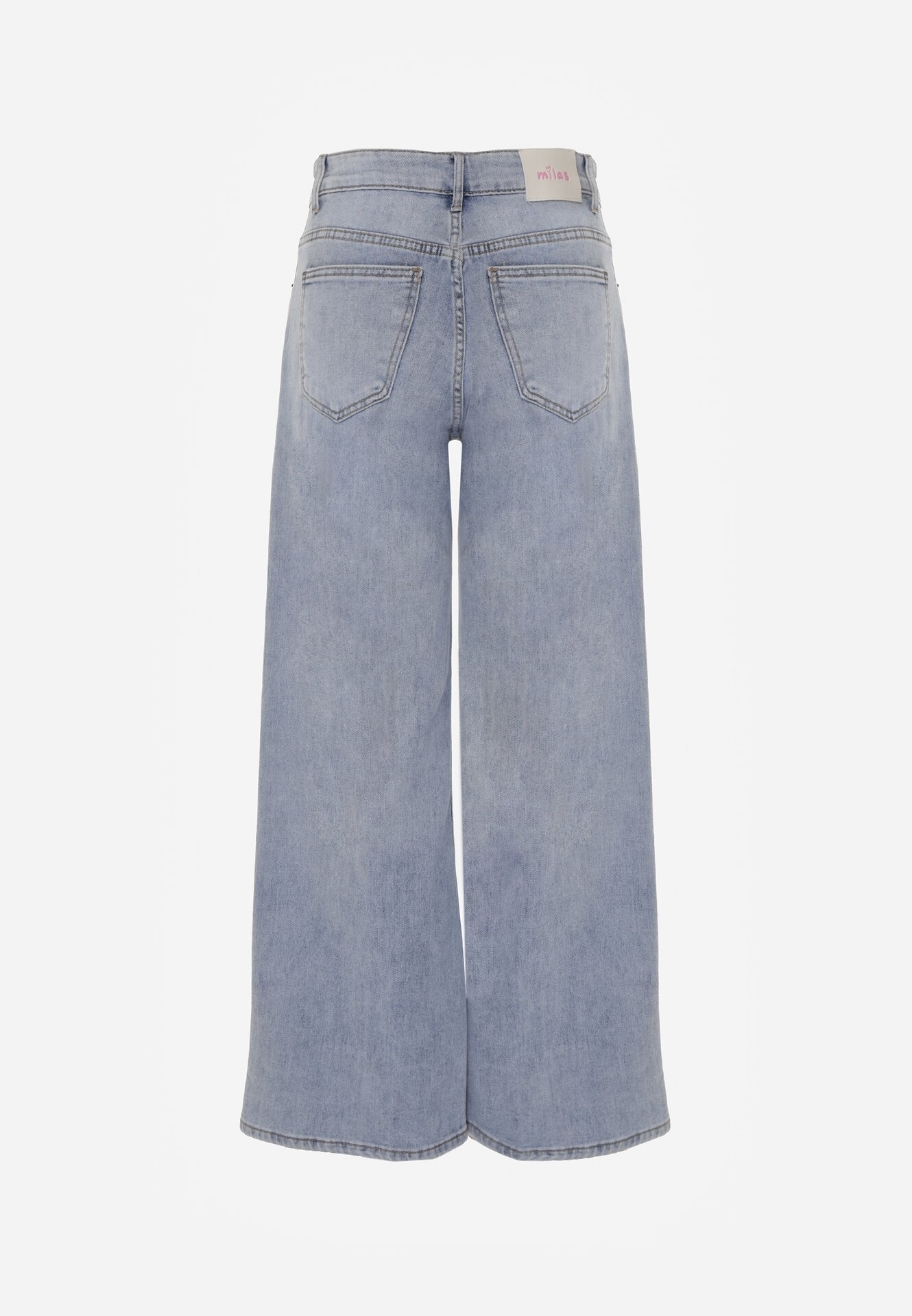 Niebieskie Szerokie Jeansy z Ozdobnym Boho Nadrukiem na Nogawkach Asoochis