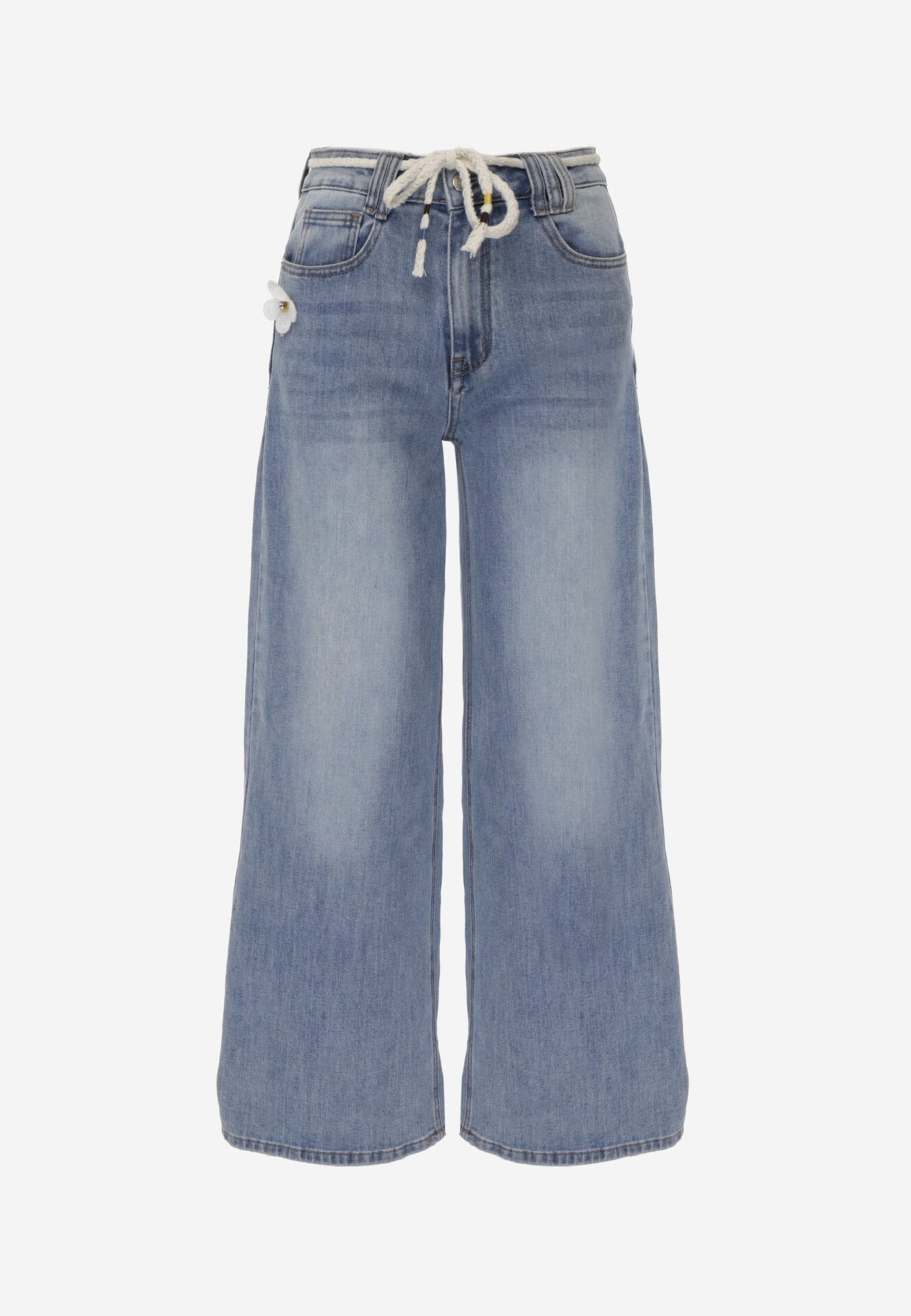 Niebieskie Jeansy z Bawełną o Szerokim Kroju z Wysokim Stanem i Sznurkowym Paskiem Ianaia
