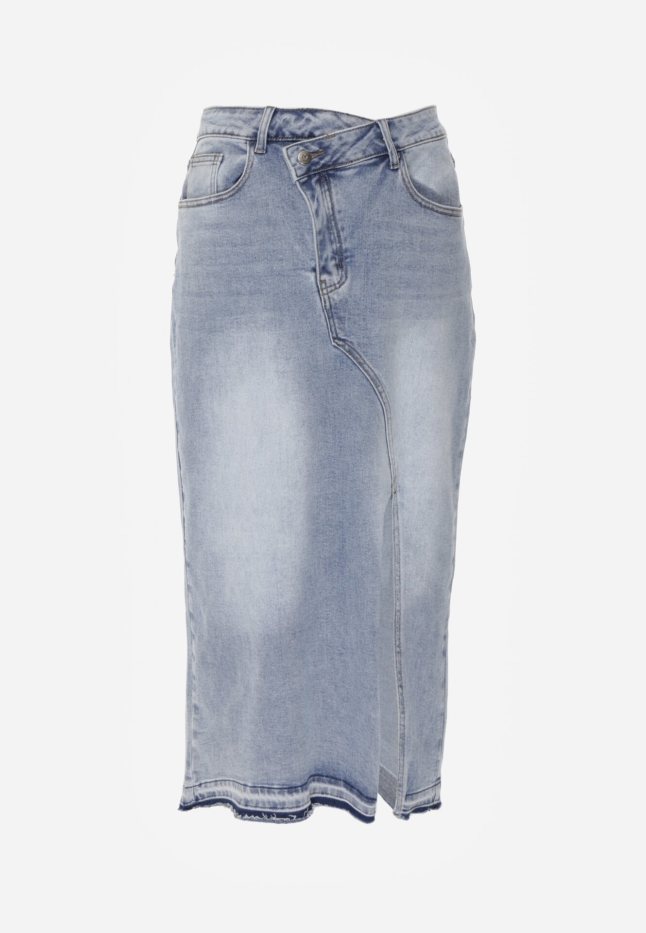 Niebieska Jeansowa Spódnica z Bawełną Wysokim Stanem i Rozcięciem na Nogę  Vikinori