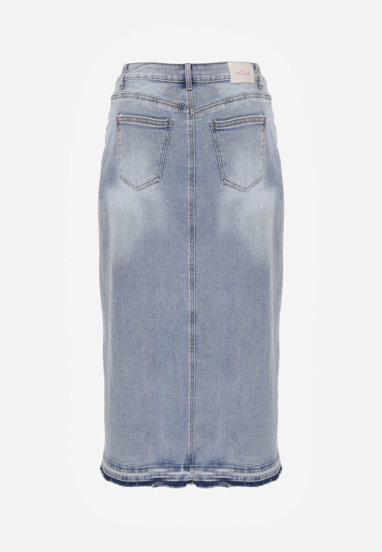 Niebieska Jeansowa Spódnica z Bawełną Wysokim Stanem i Rozcięciem na Nogę  Vikinori