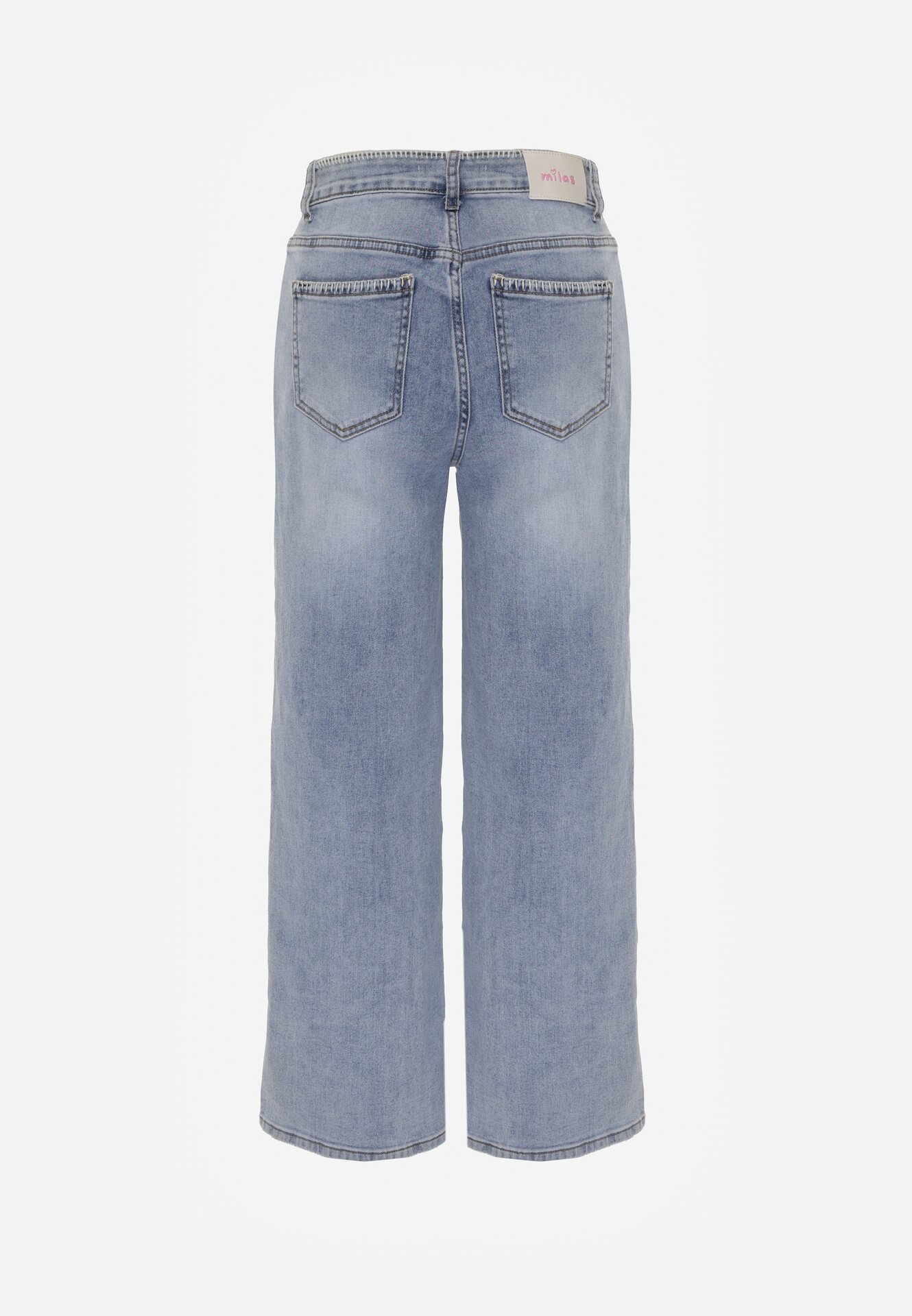 Niebieskie Jeansy Szerokie z Wysokim Stanem Ozdobione Przeszyciami Aikaea