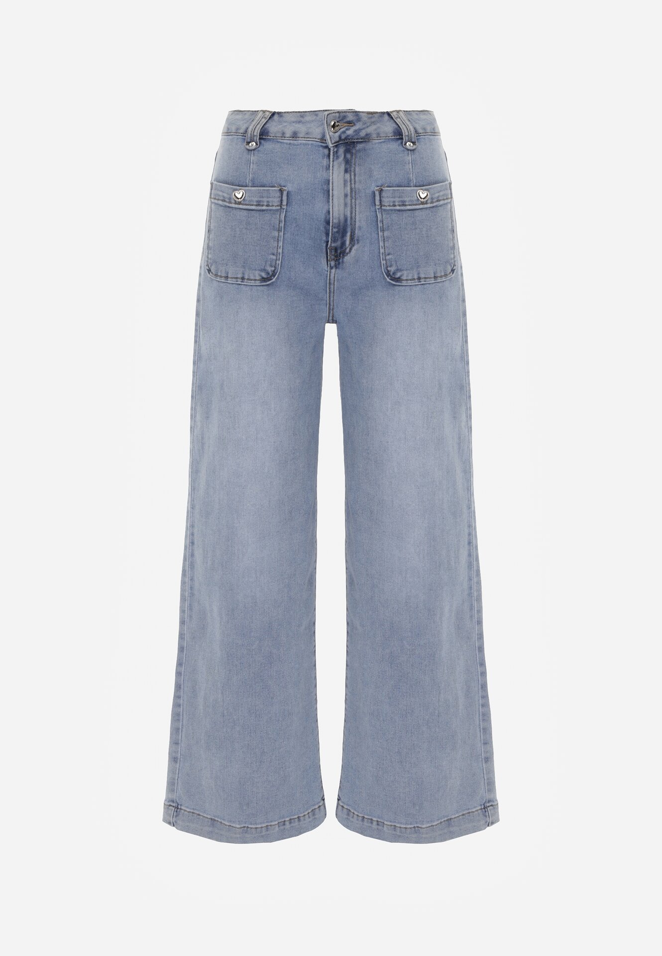 Niebieskie Jeansy Szerokie z Wysokim Stanem z Ozdobnymi Kieszonkami Phinis